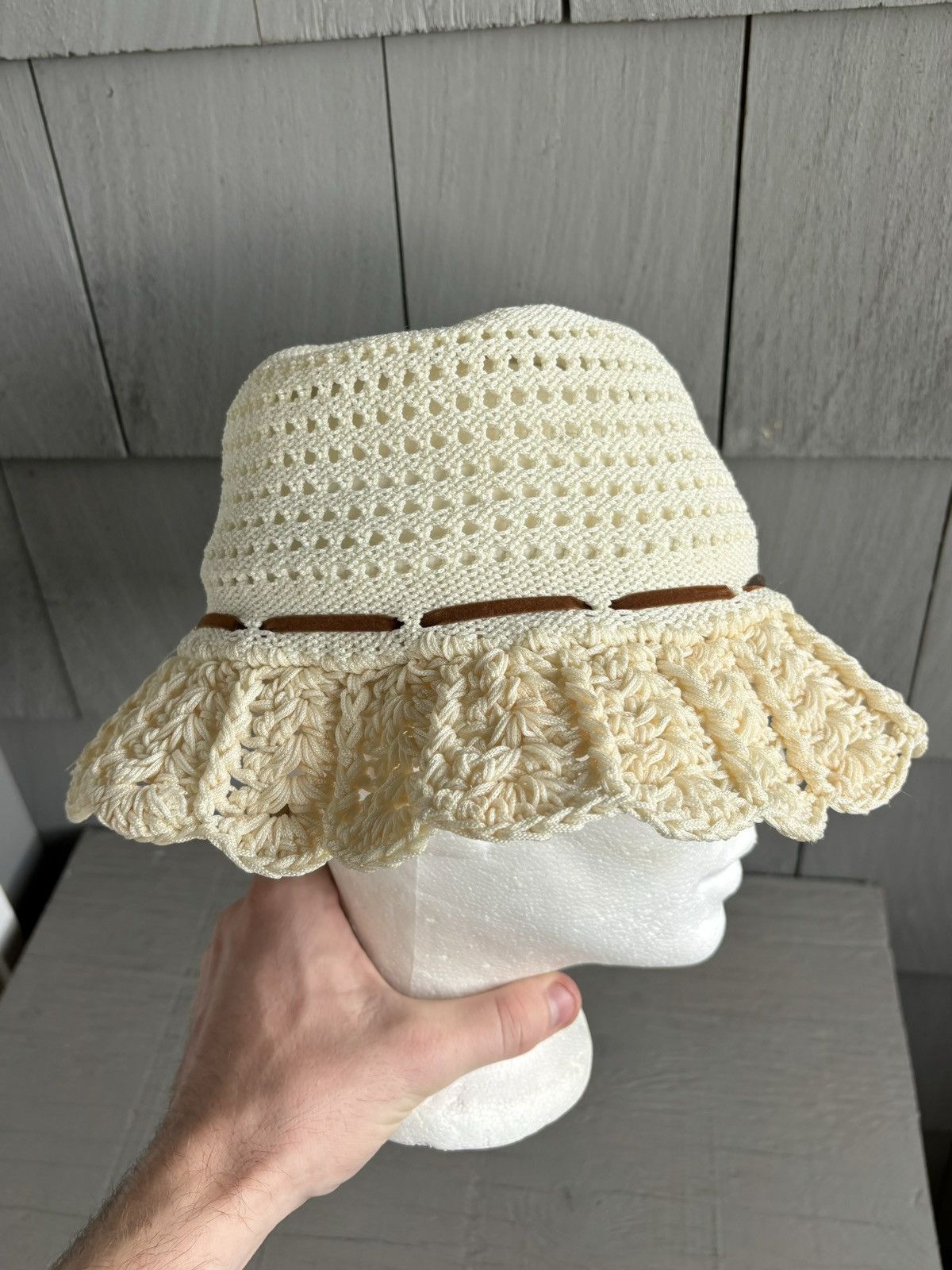 Handmade × Japanese Brand × Vintage Crochet Knit Bucket Hat 70s Vintage Sun Hat Lace Ribbon Mesh Size ONE SIZE - 8 Thumbnail