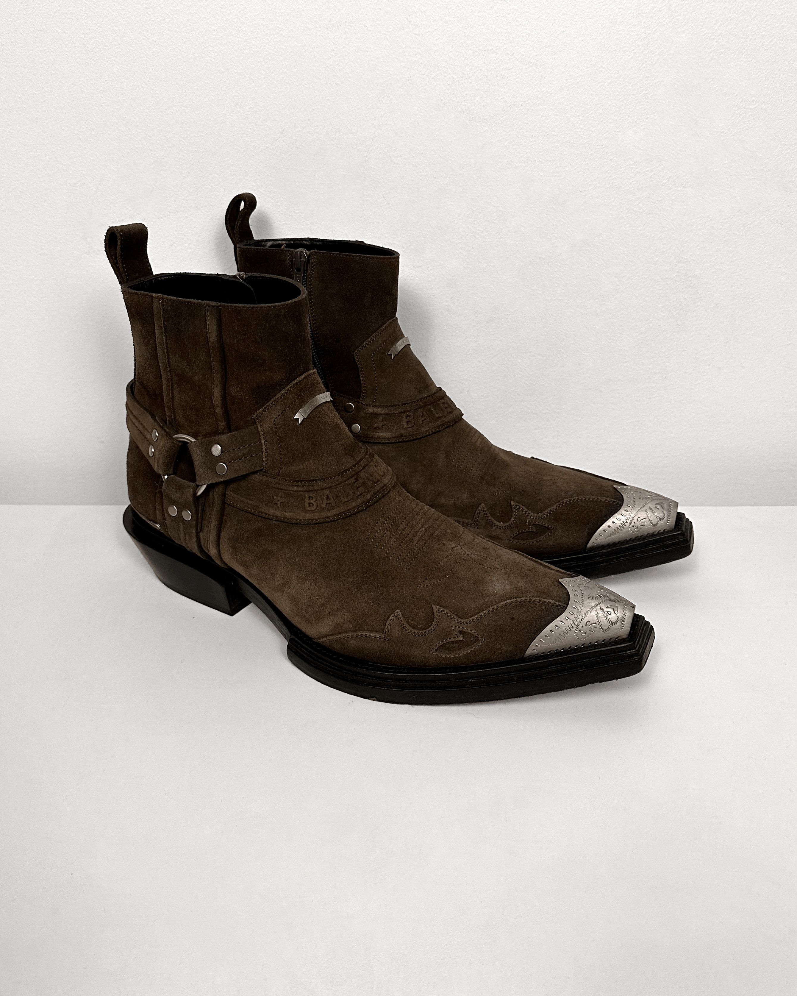 Balenciaga Santiag Suede Metal Toe Cap Harness Cowboy Boots