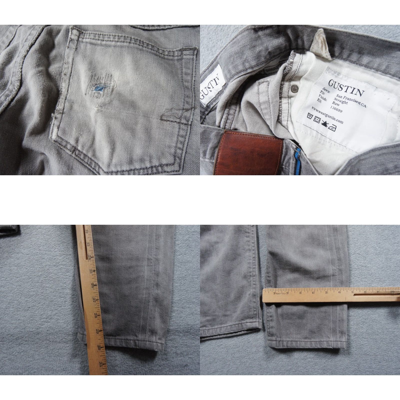 Gustin Gustin Jeans Means 30x30 Gray Denim Pants Button Fly Straight Worn Distressed 30x30 Vel 5-Pocket Mens Jeans Regular Gray Cotton Denim) Size US 30 / EU 46 - 8 Thumbnail