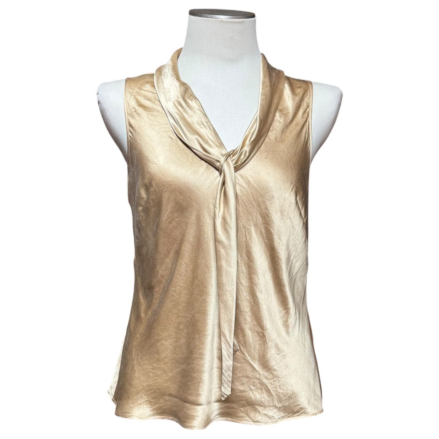 Ann Taylor 100% Silk Sleeveless Tie Neck Blouse Gold Tan 4, Women's (Size Small)