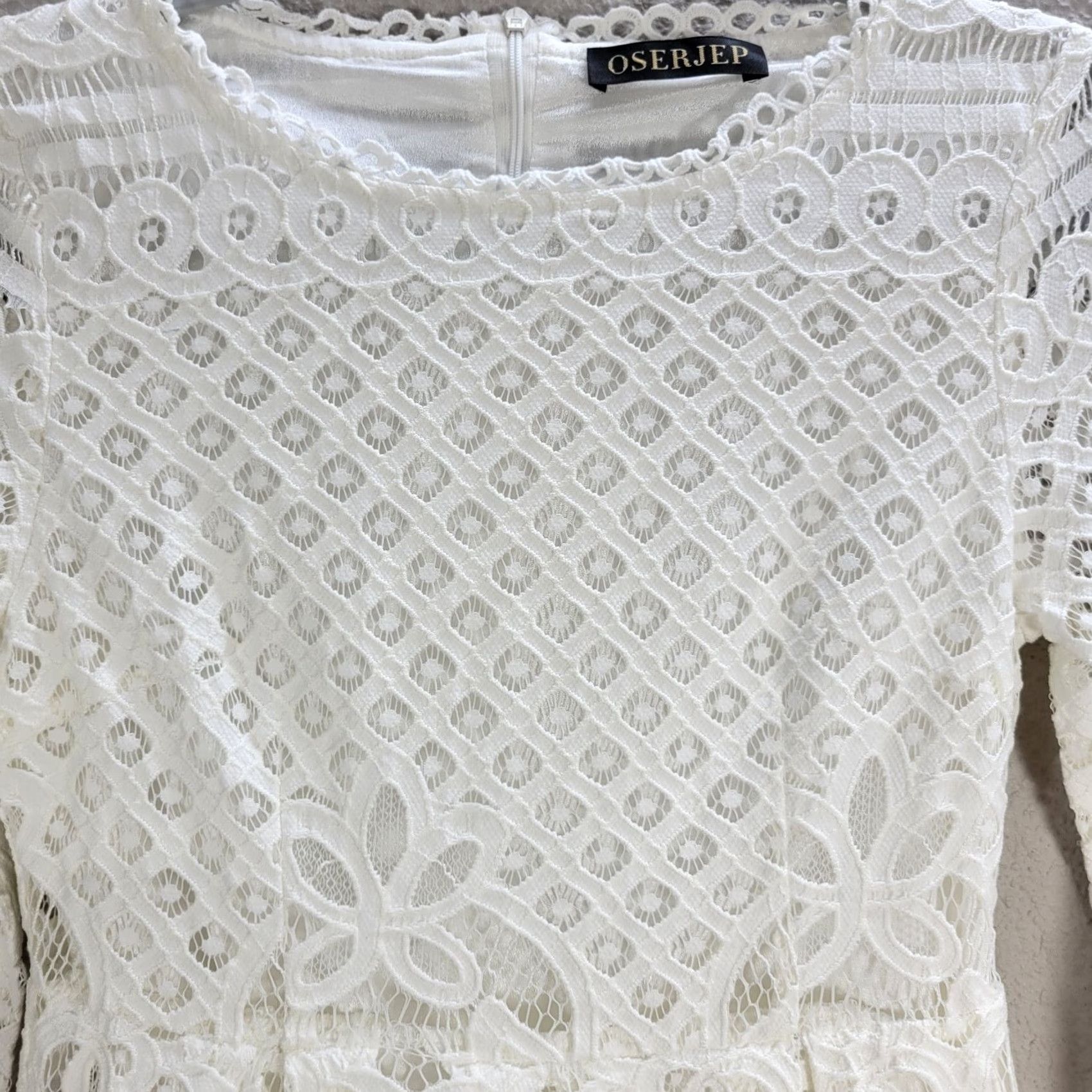 Vintage Oserjep White Lace Crochet Midi Dress Fit & Flare Lined Cocktail Evening XS Women Size XS / US 0-2 / IT 36-38 - 4 Thumbnail
