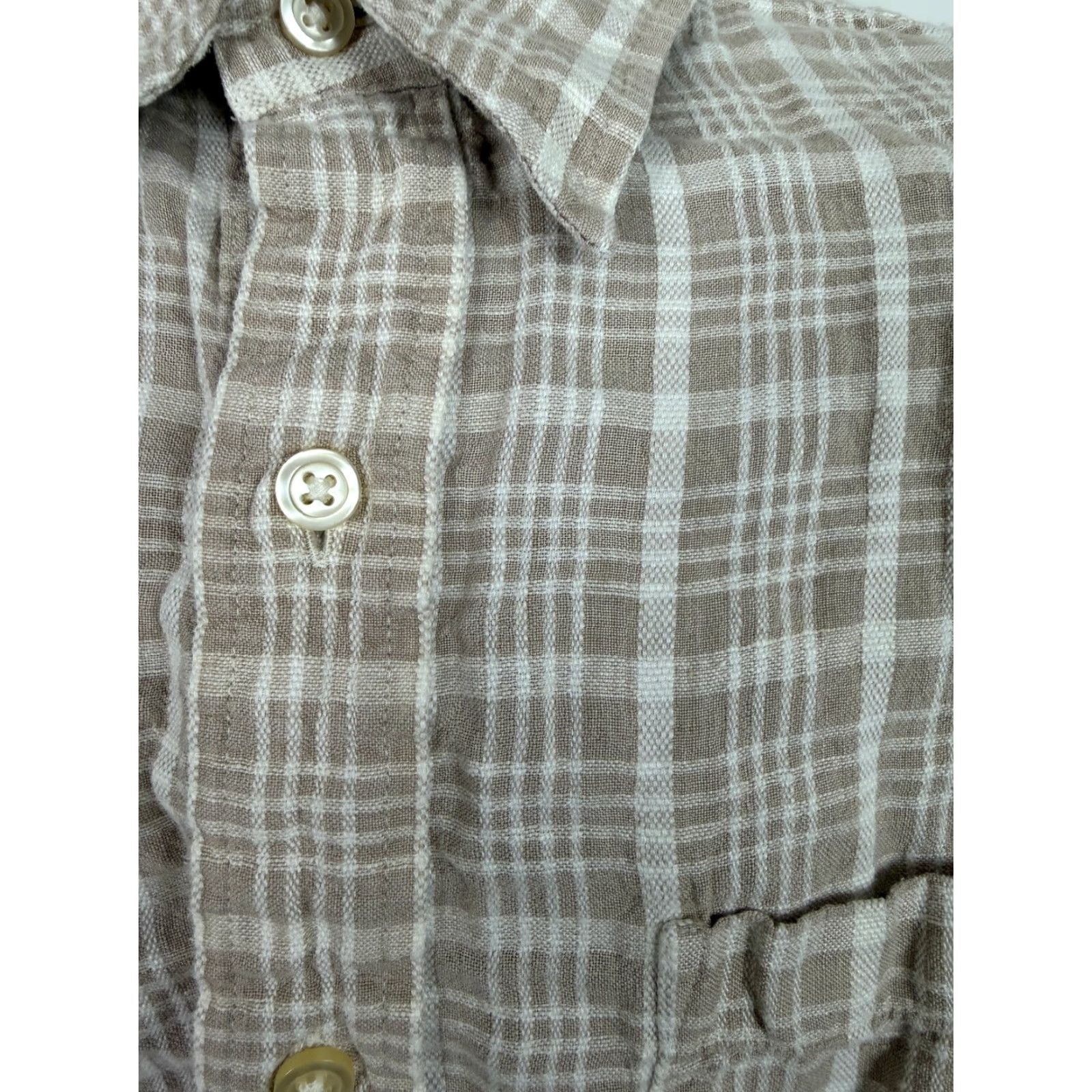 Orvis VINTAGE Orvis Linen Shirt Men XL Button-Up Travel Casual Beige White Plaid Shirt Short Sleeve Pockets Size US XL / EU 56 / 4 - 6 Thumbnail