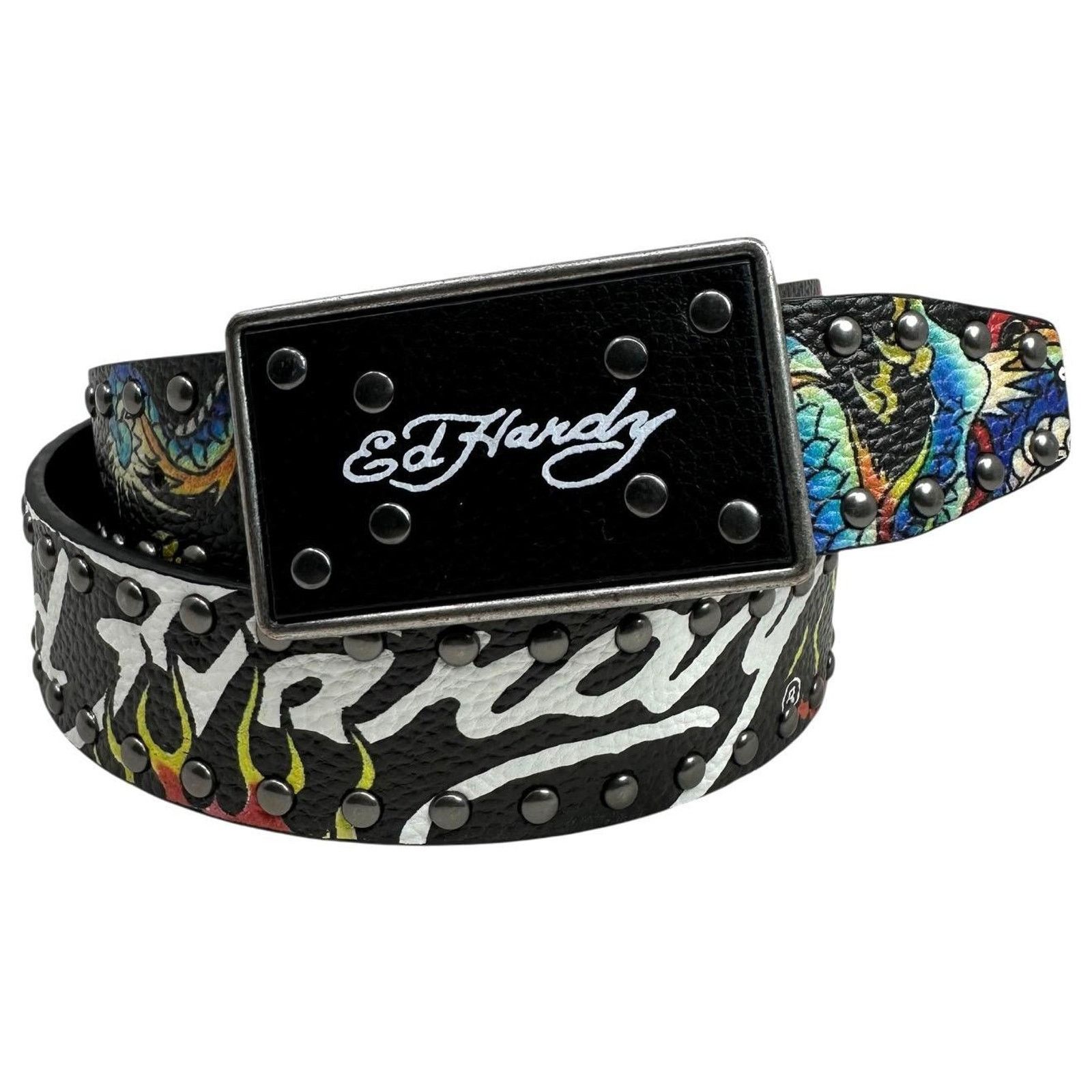 Ed Hardy Ed Hardy Dragon Tattoo Rivet Studs Belt With Plaque Buckle Size 36 - 1 Thumbnail