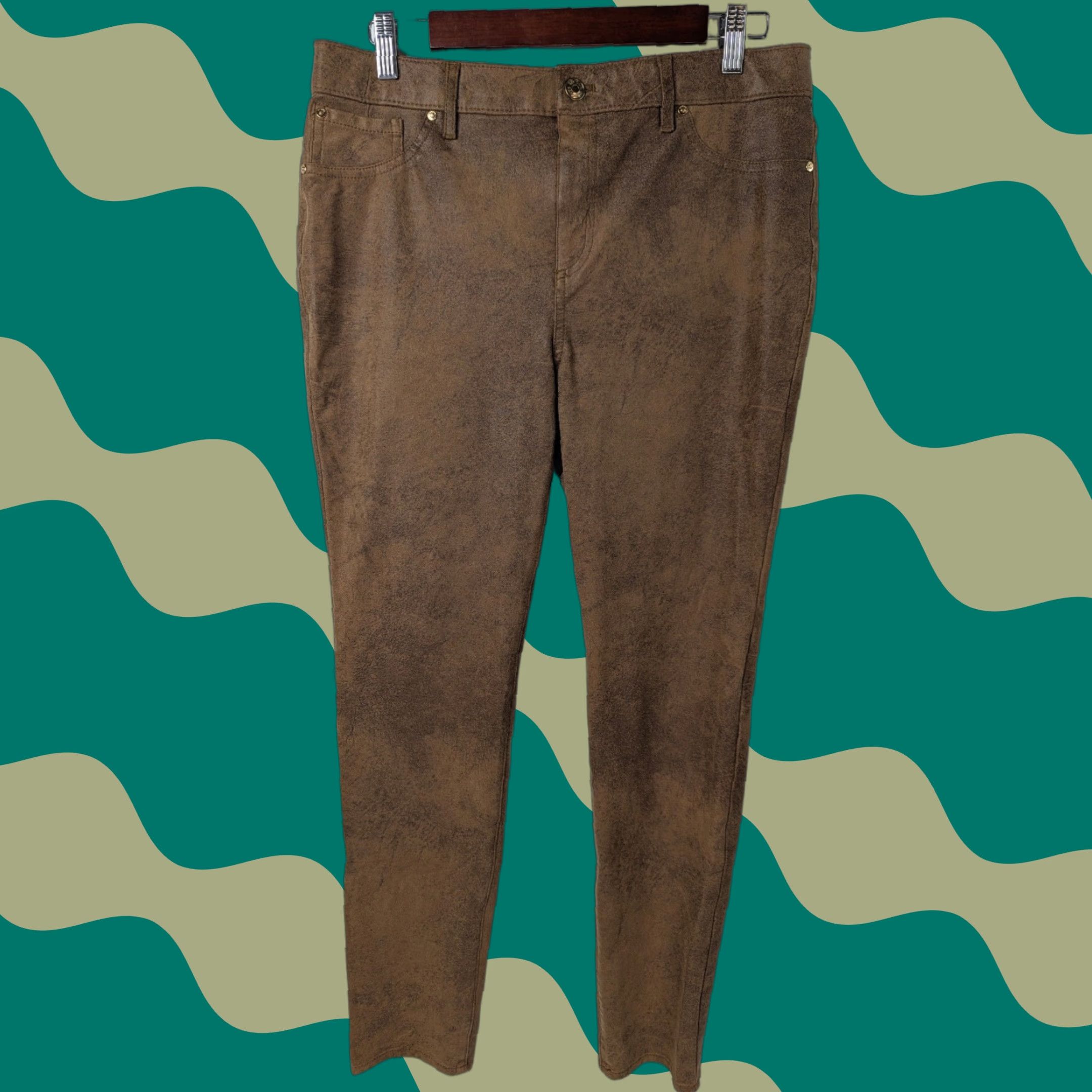 Vintage Chico's Faux-Suede Knit Pants Womens M Brown Slim Skinny Mid Rise Pants Womens Slim M Brown Knit Suede-Style Hook: Button Front Flat Front Pockets Size 32" / US 10 / IT 46 - 1 Thumbnail