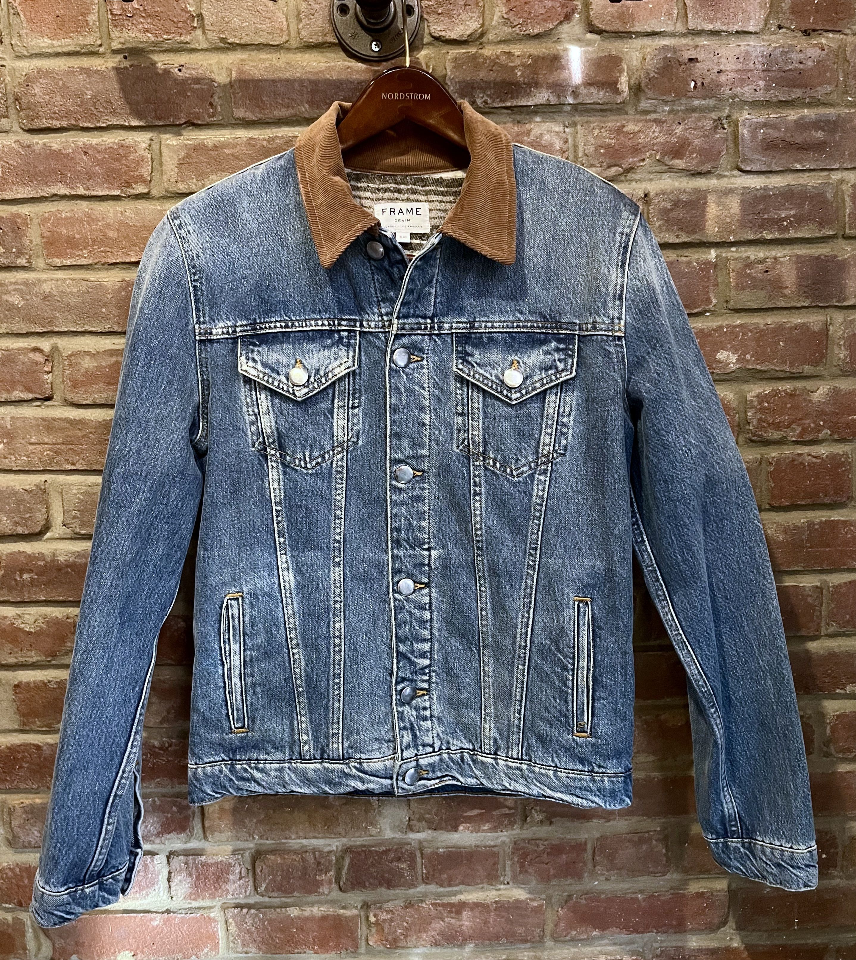 Frame Distressed Light Denim Corduroy-Trimmed Collar Jacket Size US S / EU 44-46 / 1 - 1 Thumbnail