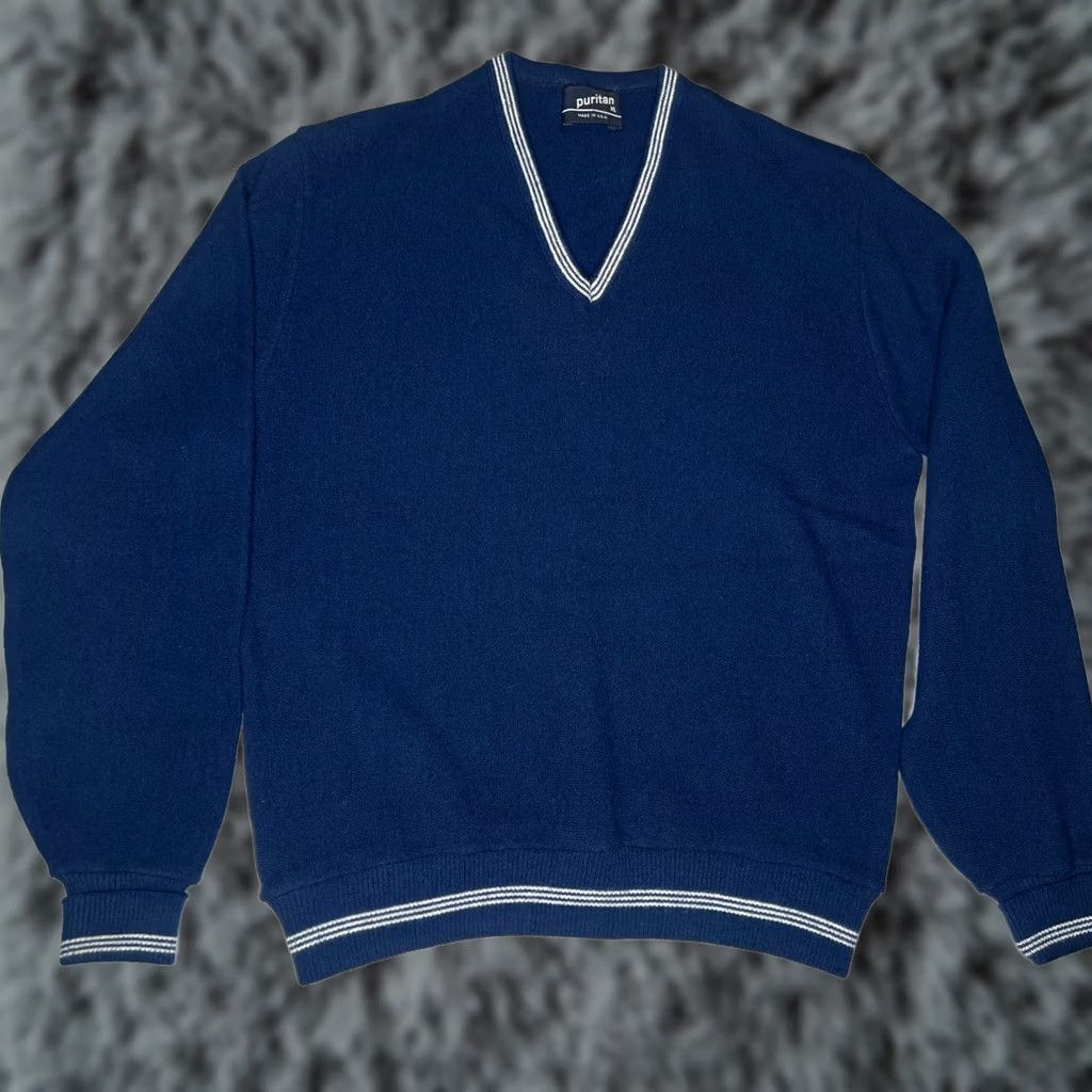 Vintage VINTAGE Puritan Blue Trim V-Neck Sweater Mens XL 70s Made in USA Preppy Knit Size US XL / EU 56 / 4 - 1 Thumbnail
