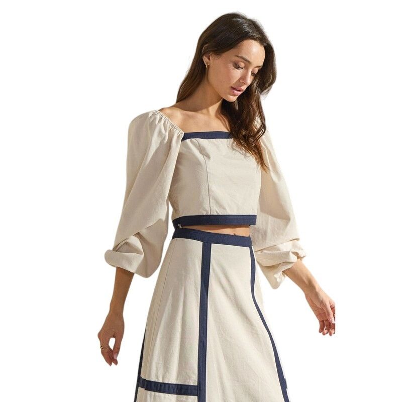 ABLE ABLE Sand Navy Contrast Trim Square Neck Top Midi Skirt Set Size 30" / US 8 / IT 44 - 9 Thumbnail