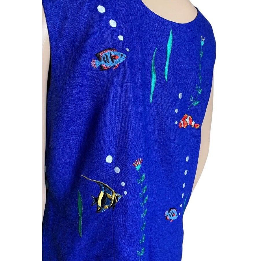 Other Women's Top Size 10 Top Linen Blend Ocean Fish Embroidered Size L / US 10 / IT 46 - 3 Thumbnail