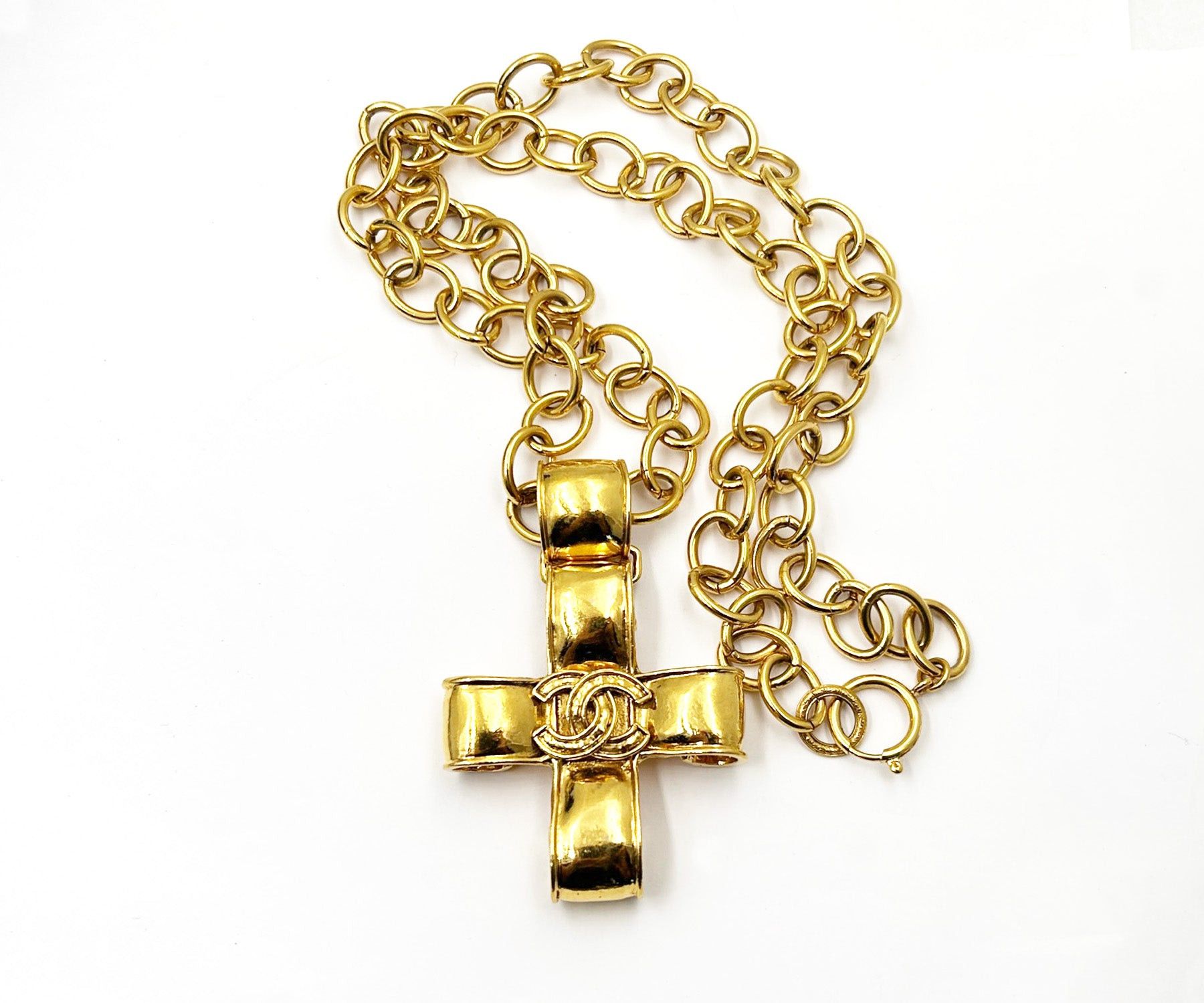 image of Chanel Vintage Gold Plated Large Cross Pendant Long Chain Necklace, Women's