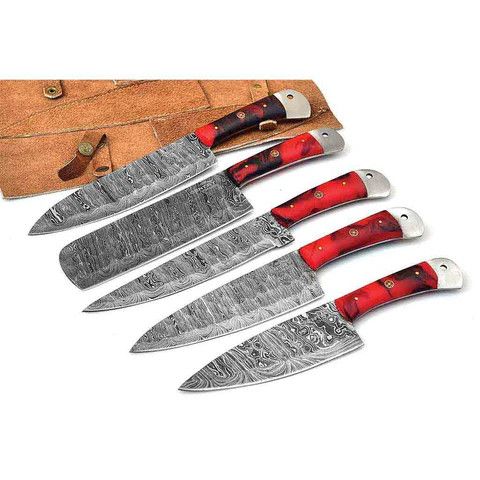 Other Damascus Kitchen Knife Set of 5 with Resin Red Handles Size ONE SIZE - 5 Thumbnail