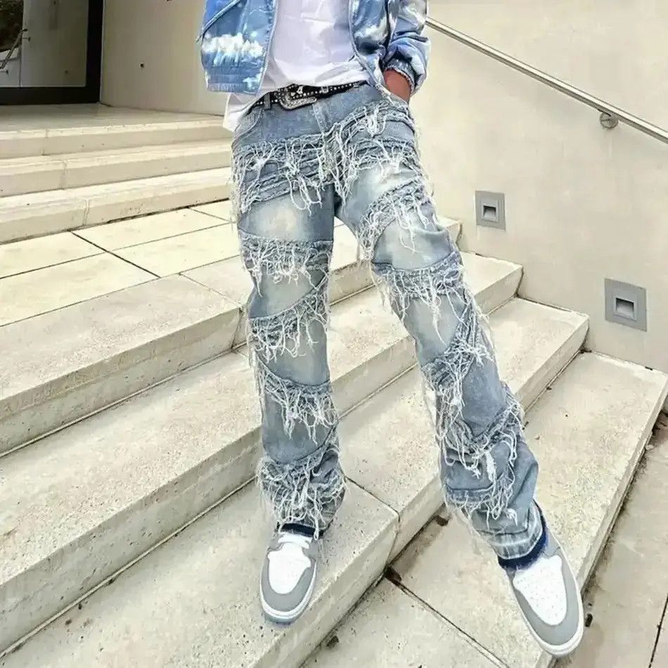 Japanese Brand High Street Loose Male Stacked Spliced Straight Denim Pants Size US 32 / EU 48 - 1 Thumbnail