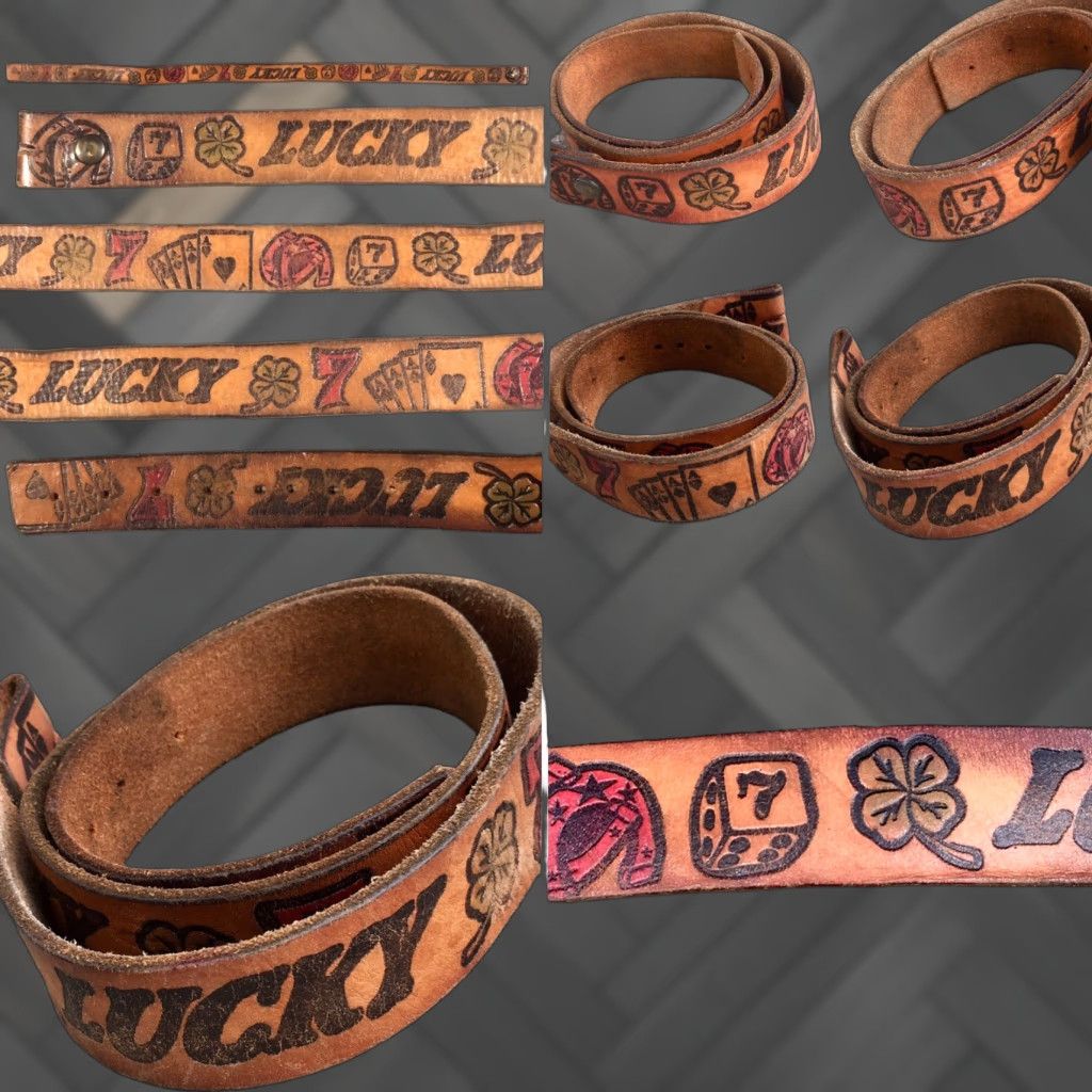 Vintage VINTAGE Tooled Leather Belt Gambling Theme Lucky 7 Clover Cards Horse Shoe Dice Brown Leather Adult Unisex Casual Rockabilly Size ONE SIZE - 1 Thumbnail