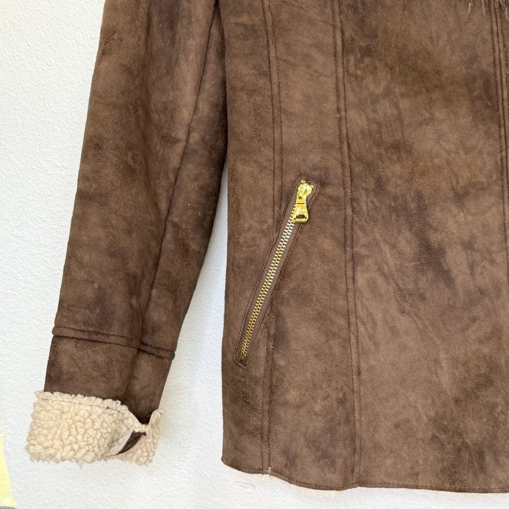 Guess VINTAGE GUESS Y2K Faux Suede Jacket Womens Medium Brown Fur Collar Zip Up Biker Size M / US 6-8 / IT 42-44 - 4 Thumbnail