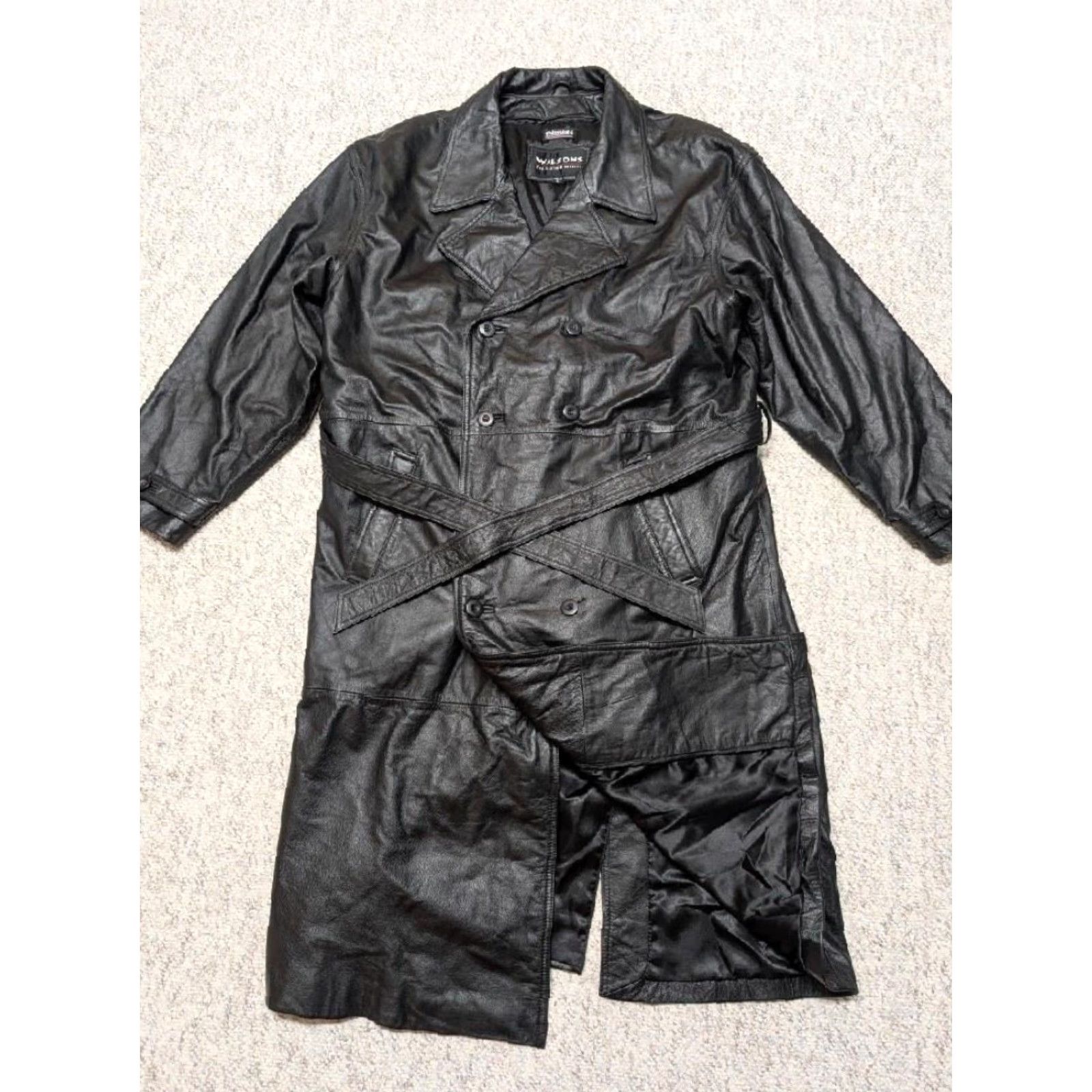 Vintage VINTAGE Wilsons glove leather TRENCH COAT Men XL Black belted double breasted Y2K cowhide coat Mens XL Black trench coat leather Size US XL / EU 56 / 4 - 6 Thumbnail