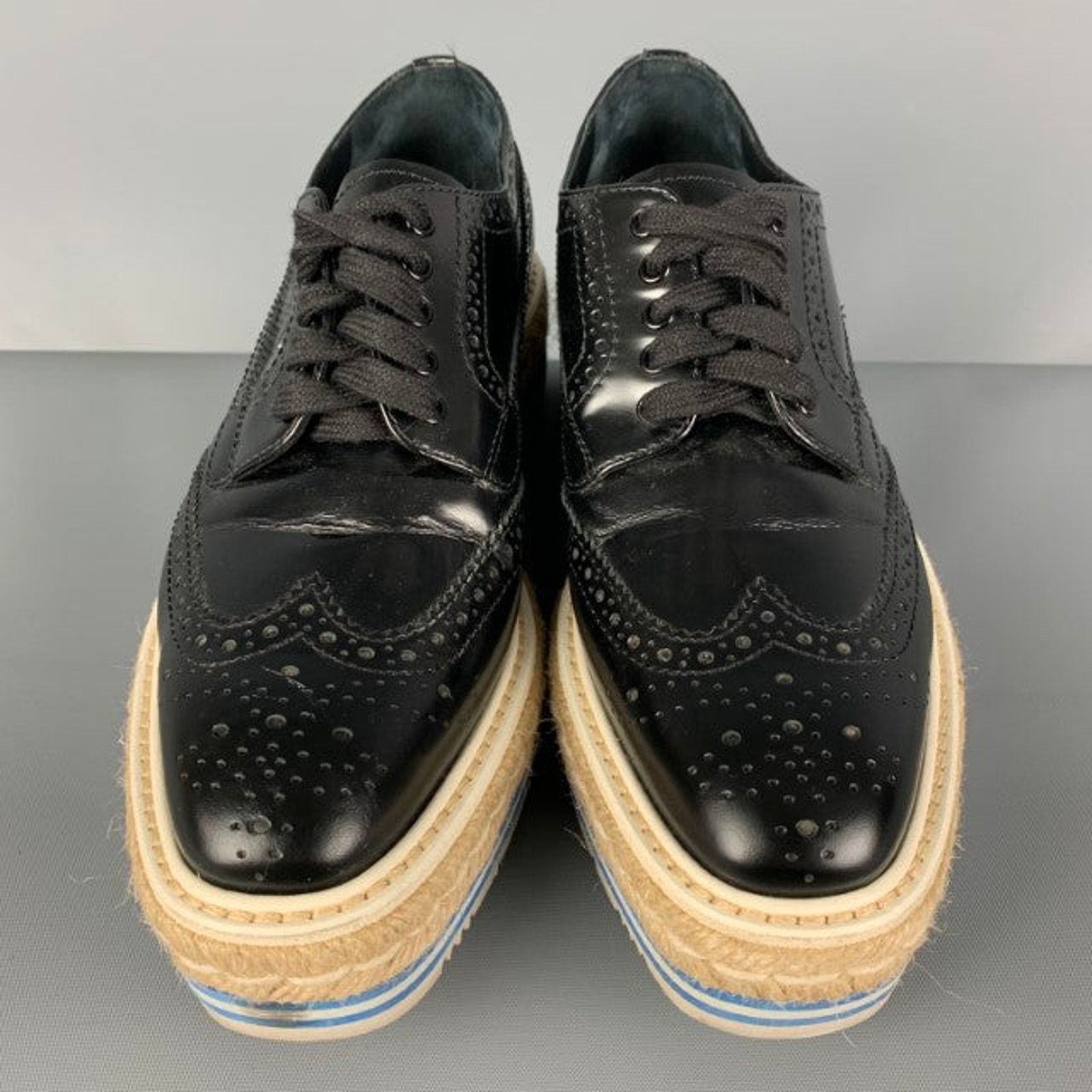 Prada PRADA Size 6.5 Black White Blue Perforated Wingtip Shoes Size US 6.5 / IT 36.5 - 4 Thumbnail