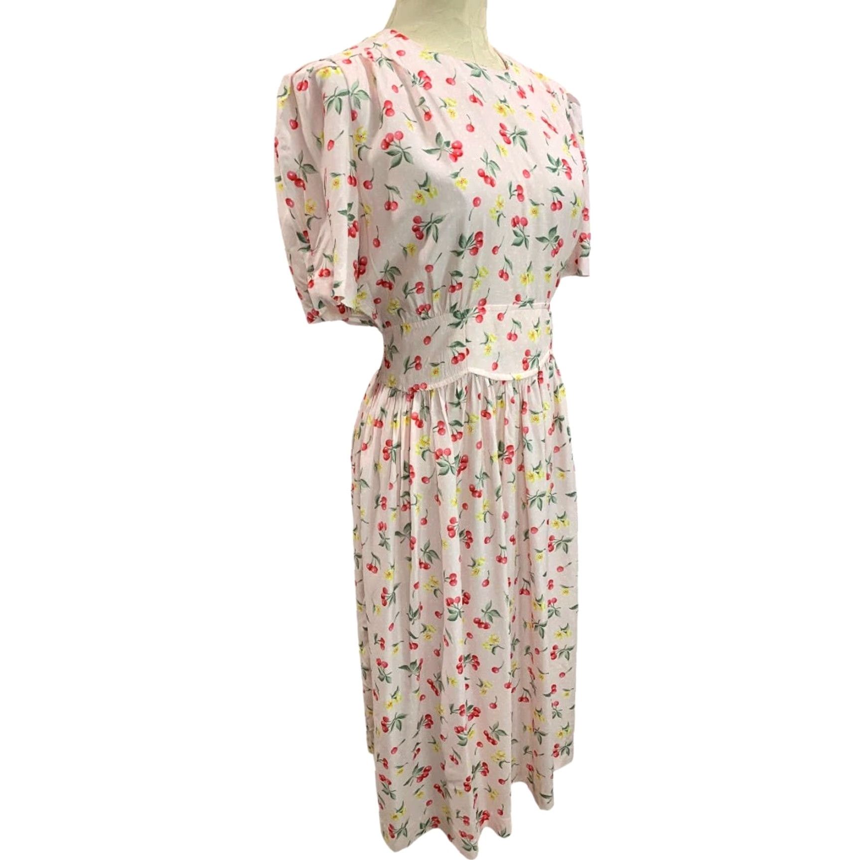 Pinko VINTAGE Karen Stevens Midi Dress 10P Petite Women Pink Cherry Print 1990s Size L / US 10 / IT 46 - 2 Thumbnail