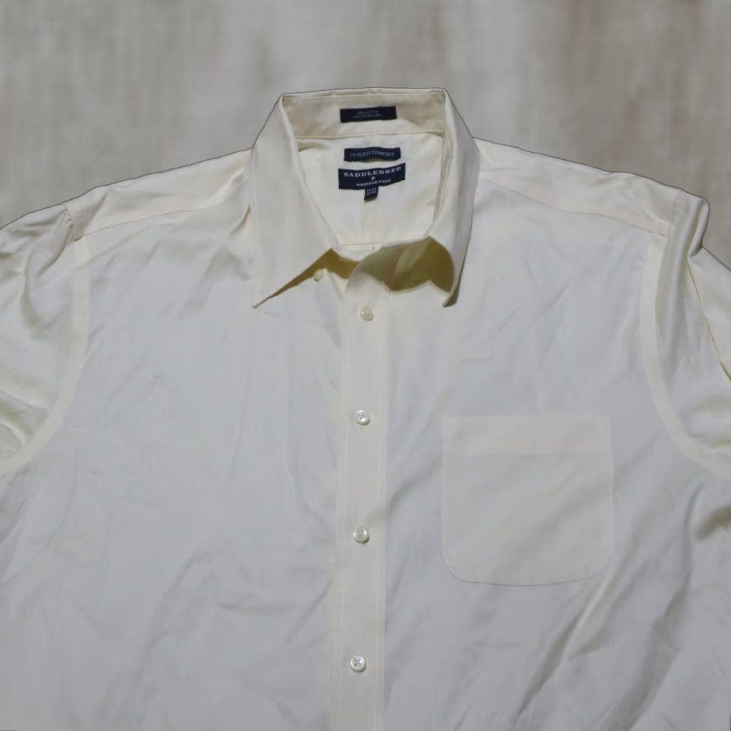 Vintage VINTAGE Saddlebred Shirt Mens 17.5 Beige Solid 3/4 Sleeve Button-Up 90s Event Size US XL / EU 56 / 4 - 1 Thumbnail
