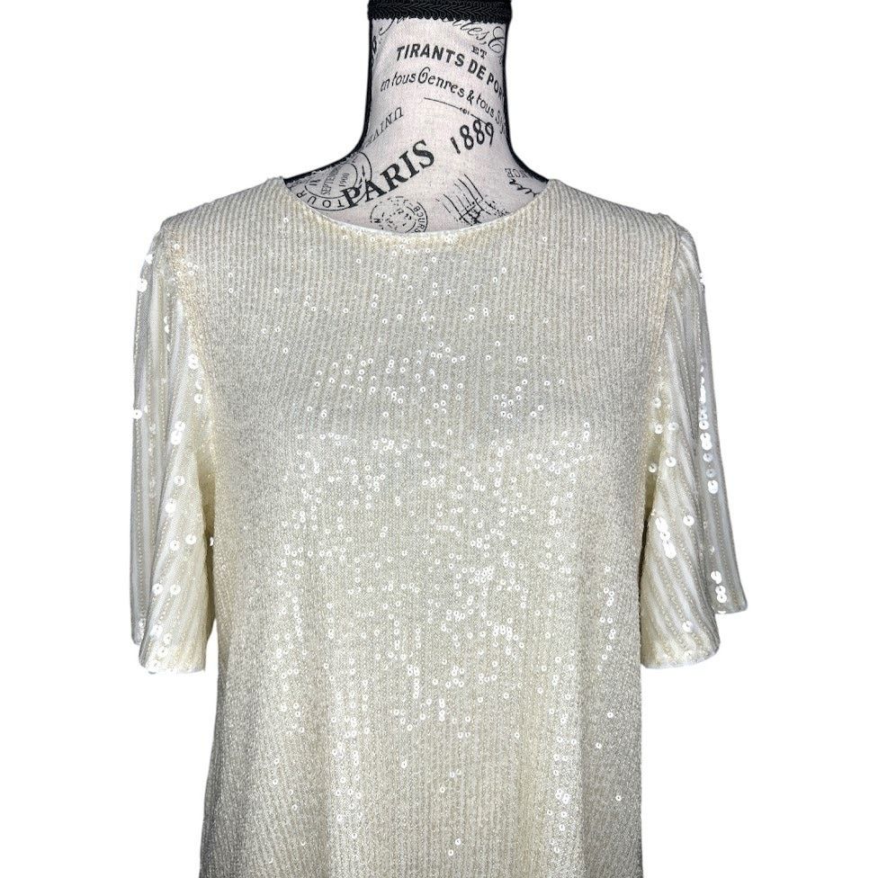Other Whisper Cream Sequin Sparkly Flutter Sleeve Back Keyhole Top Size L / US 10 / IT 46 - 7 Thumbnail