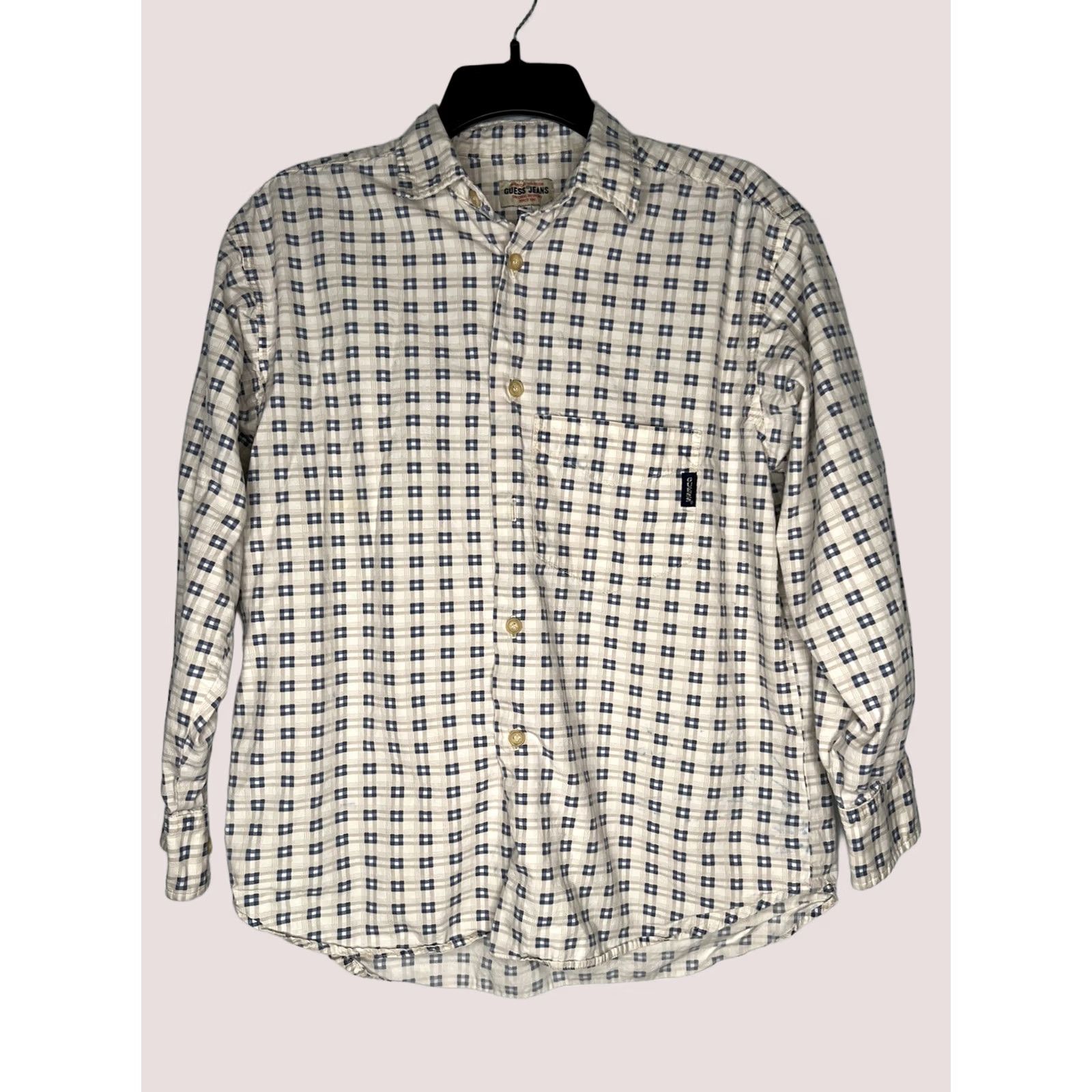 Guess VINTAGE GUESS Shirt Mens Small Beige Blue Grunge 90s Geometric Long Sleeve Button-Up Collared 90s Mens Size US S / EU 44-46 / 1 - 1 Thumbnail