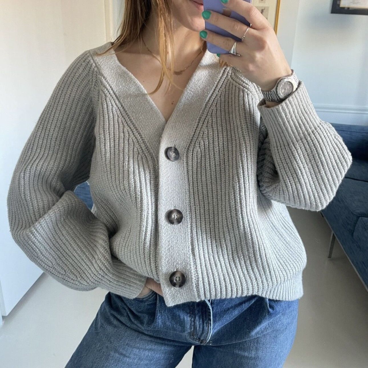 Old Navy OLD NAVY Light Grey Shaker-Stitch Cardigan Sweater Size M / US 6-8 / IT 42-44 - 1 Thumbnail