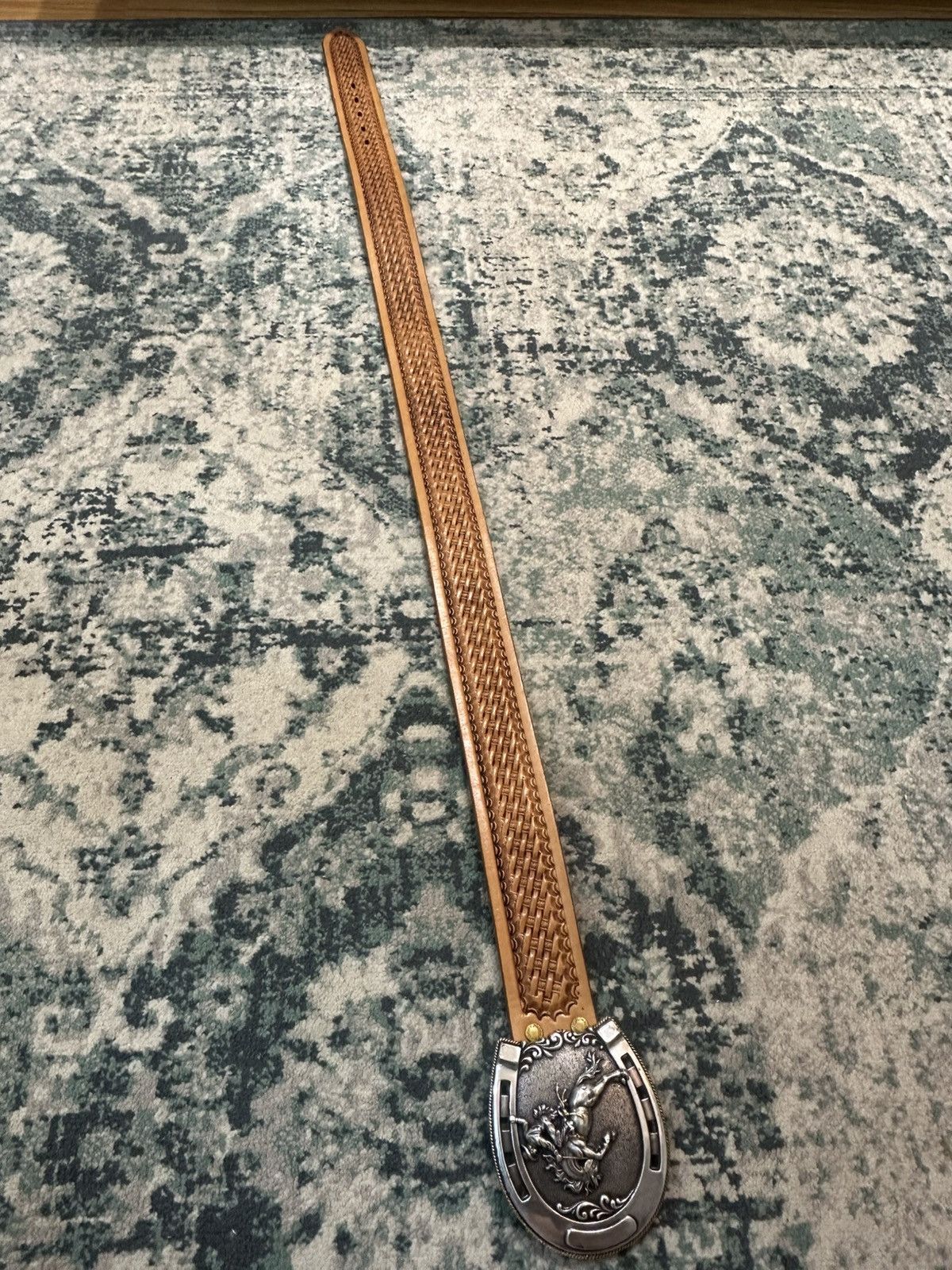 Handmade Tony Lama Classic Basketweave Leather Belt Bronc Buckle (32) Size 32 - 8 Thumbnail