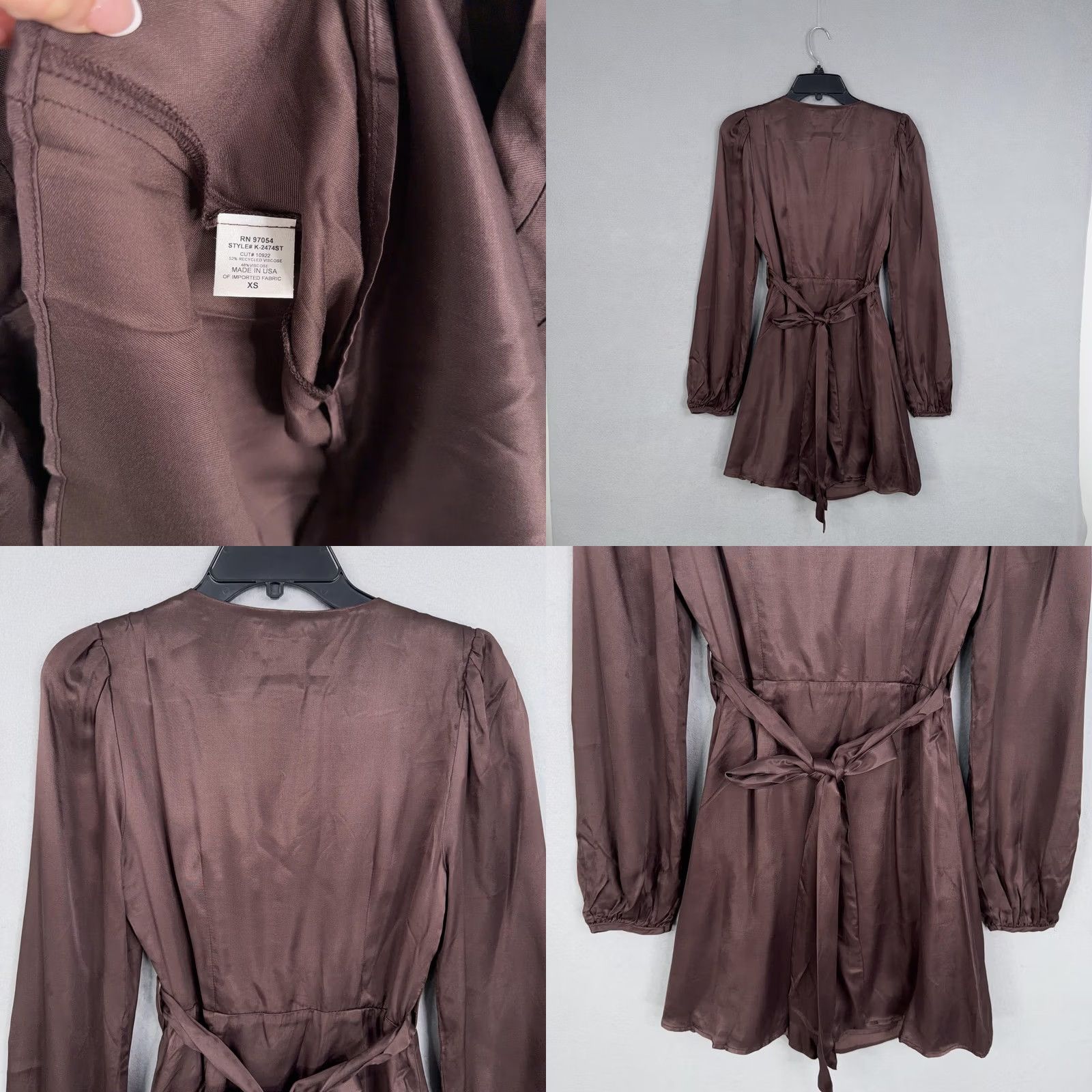 Krisa Krisa Dress Womens XS Brown Satin Wrap Long Sleeve Mini Made In USA Party NWT Size XS / US 0-2 / IT 36-38 - 8 Thumbnail