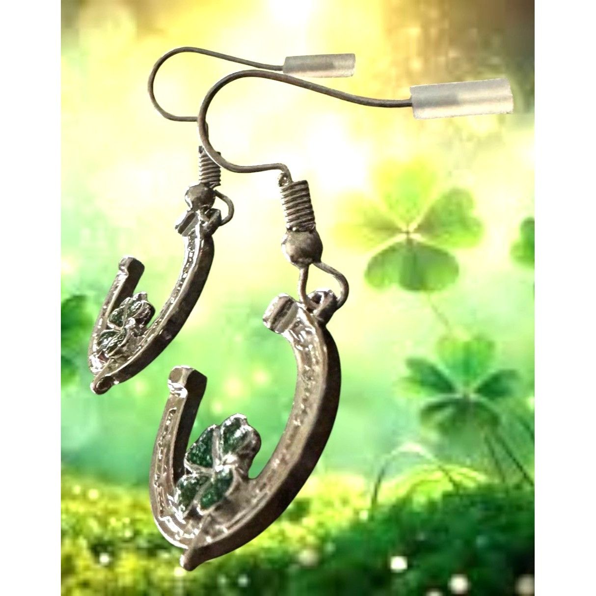Handmade Horseshoe Clover Earrings St Patricks Day Lucky Irish Dangle Size ONE SIZE - 8 Thumbnail
