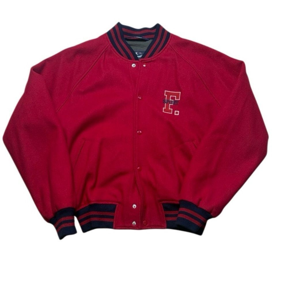 90s Vintage Faconnable Red Wool Bomber Jacket Medium Letterm