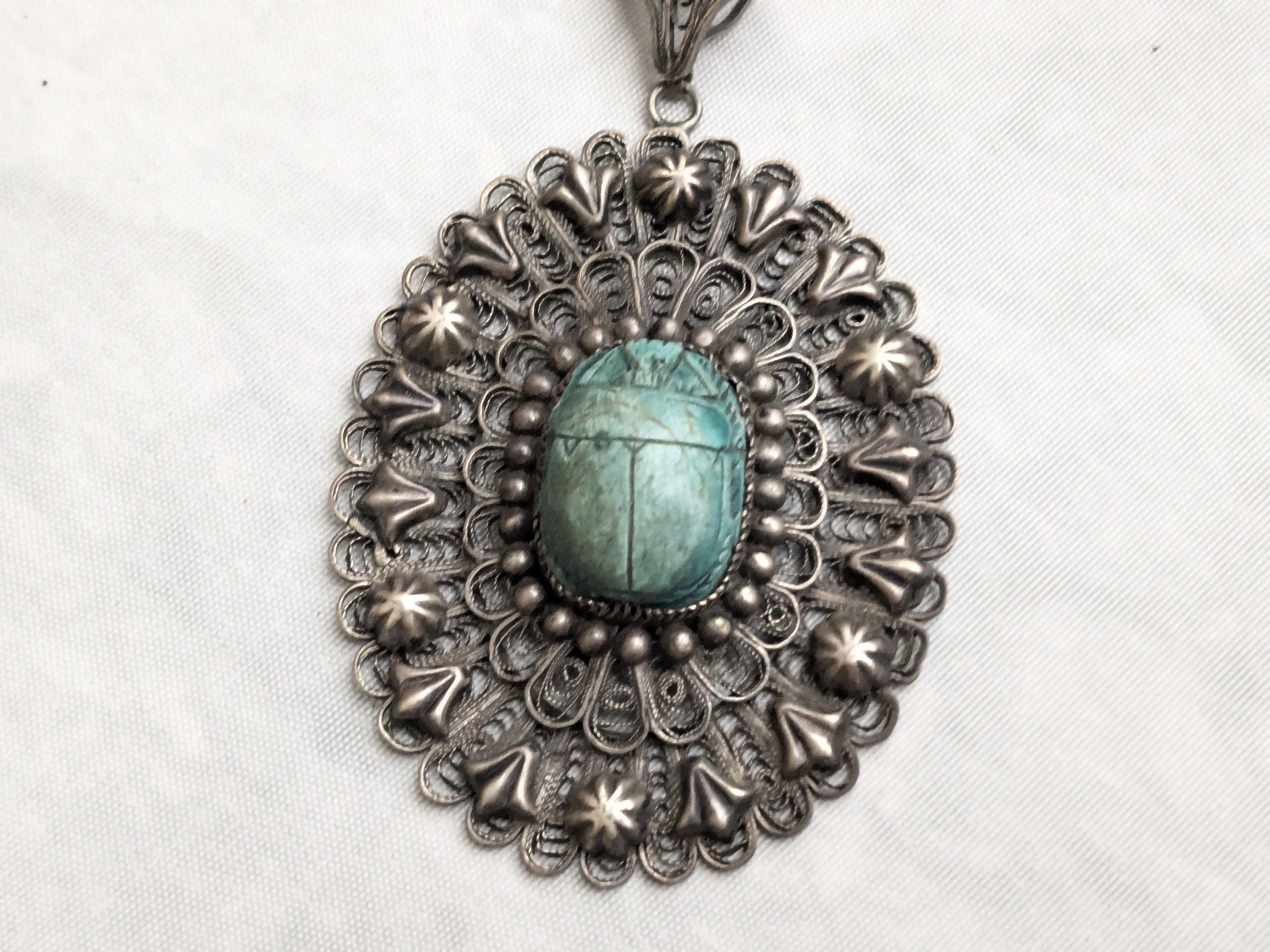 Jewelry Egyptian Silver Scarab Pendant Filigree Faience Blue Oval Size ONE SIZE - 3 Thumbnail
