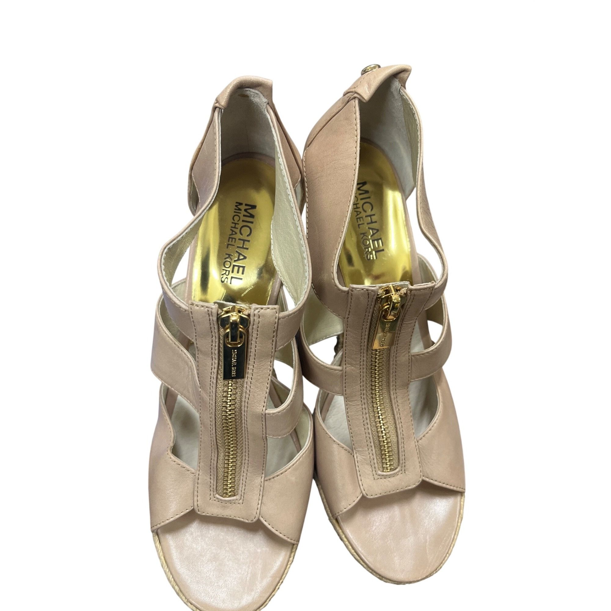 Michael Kors Michael Kors wms tan leather gold accent 4" wedge heels sz 7 Size US 7 / IT 37 - 17 Thumbnail