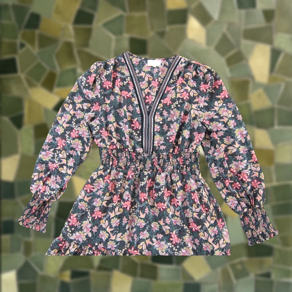 Pinko Melloday Pink Black Green Floral V-Neck Long Sleeve Pocket Sheath Dress Large - Womens Clothing Size L / US 10 / IT 46 - 1 Thumbnail