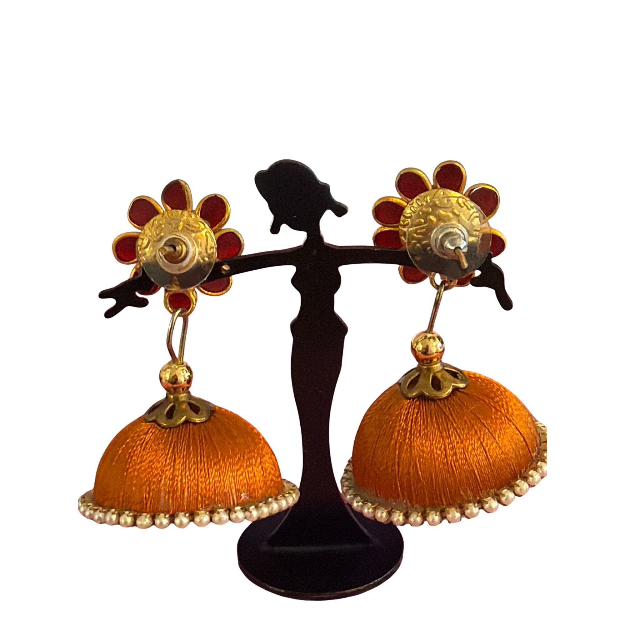 Other Vintage Orange Silk Thread Jhumka Earrings Red Floral Bolly Size ONE SIZE - 5 Thumbnail