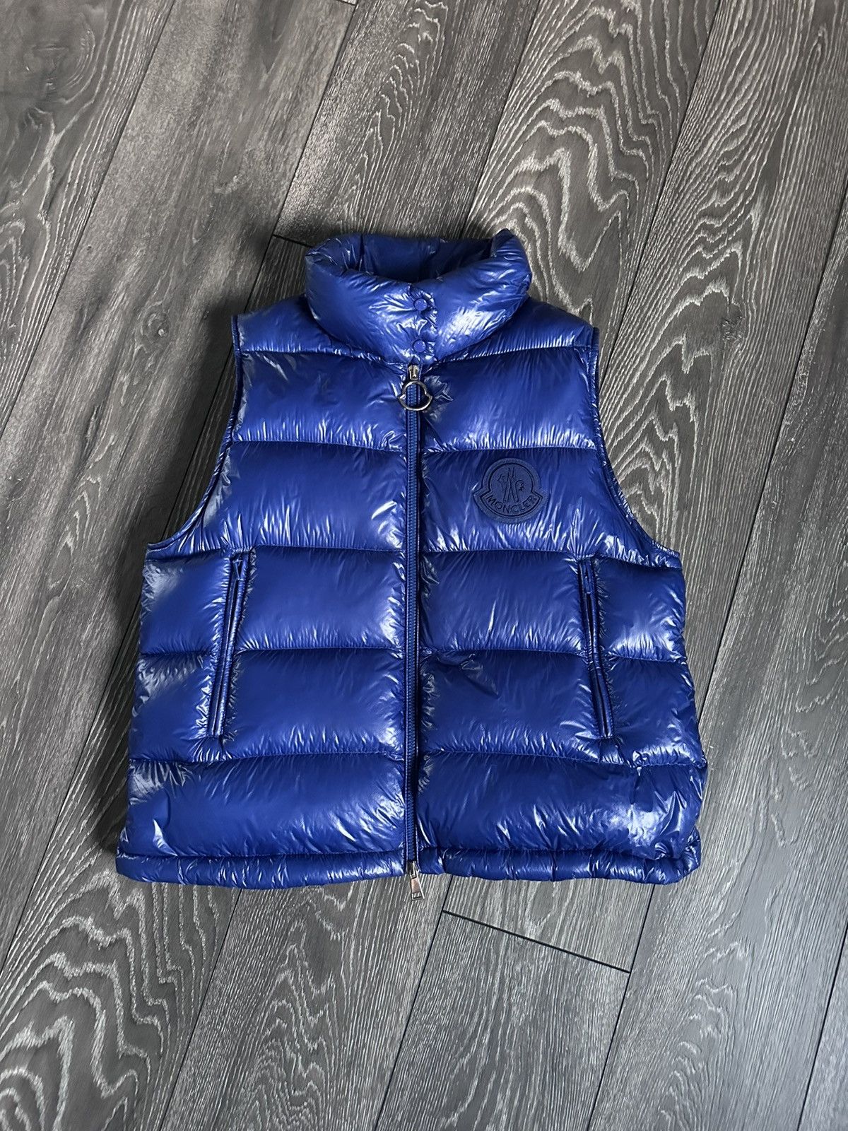 moncler helsinki down puffer vest blue big logo