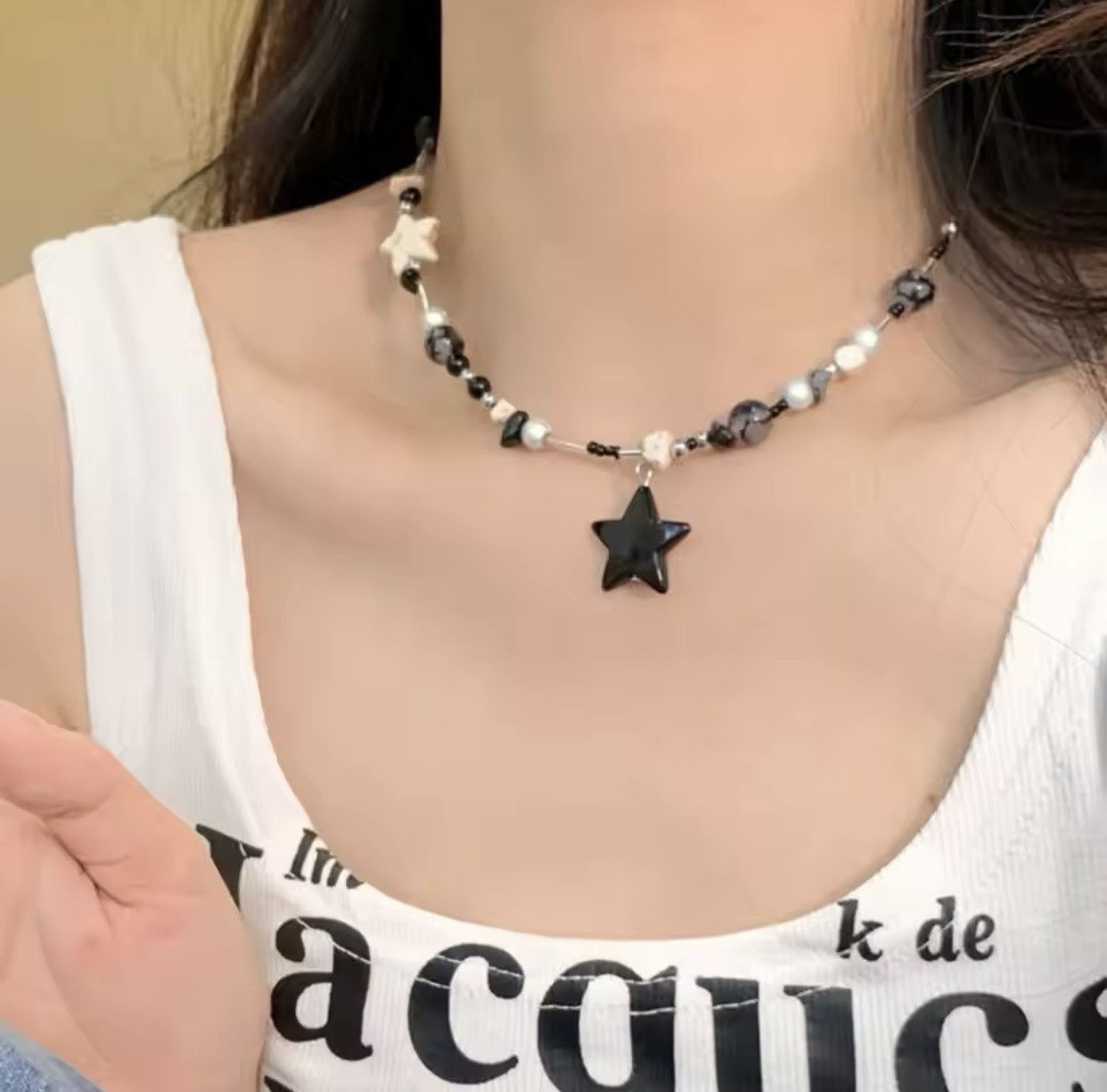 Jewelry × Vintage Y2K Black Star Pentagram Beaded Choker Necklace Size ONE SIZE - 3 Thumbnail