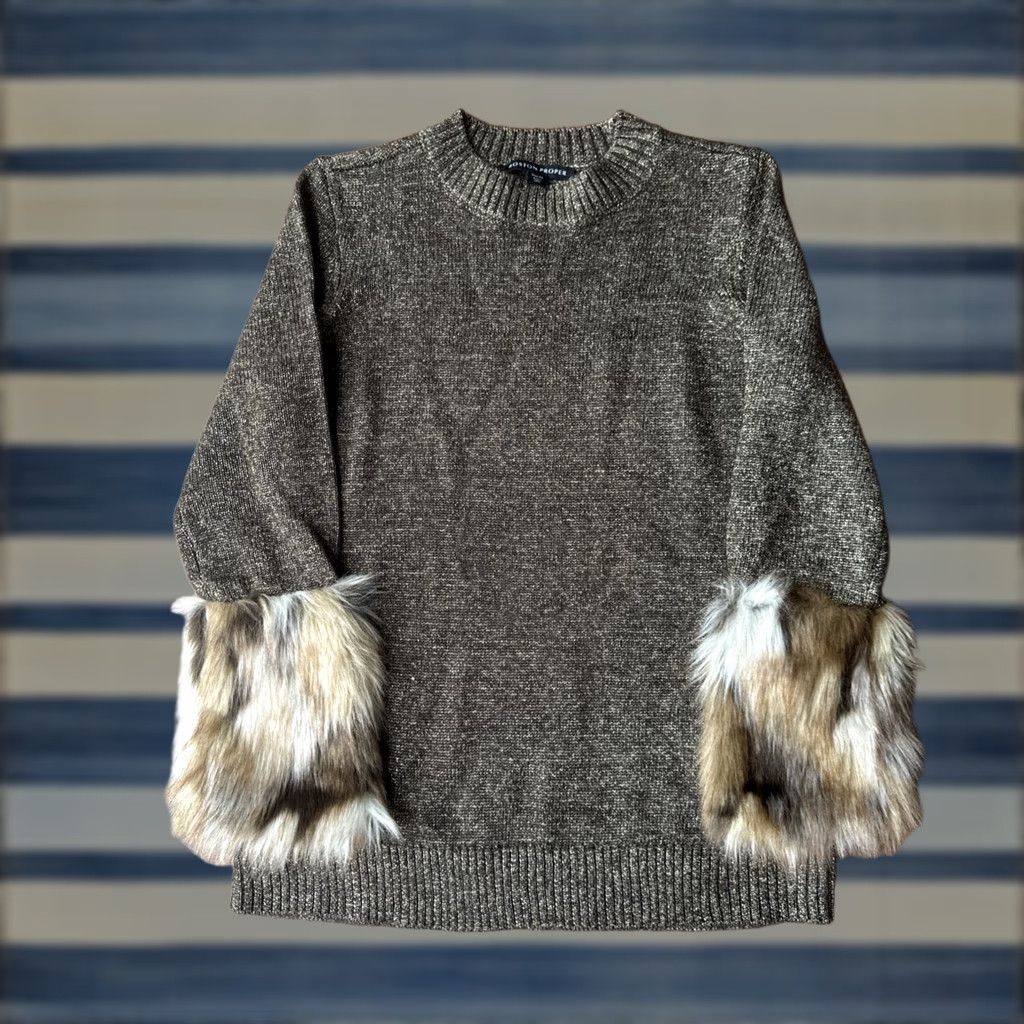 Boston Proper VINTAGE Boston Proper Sweater Women’s XS Brown Regular Crew Neck Faux Fur Cuff Pullover Size XS / US 0-2 / IT 36-38 - 1 Thumbnail