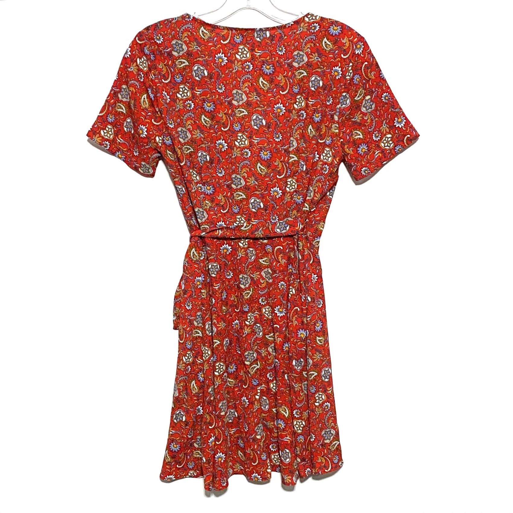 Harmony Red Paisley Floral V Neck Wrap Dress Womens S Tie Waist Boho Chic Summer Rayon Size S / US 4 / IT 40 - 3 Thumbnail