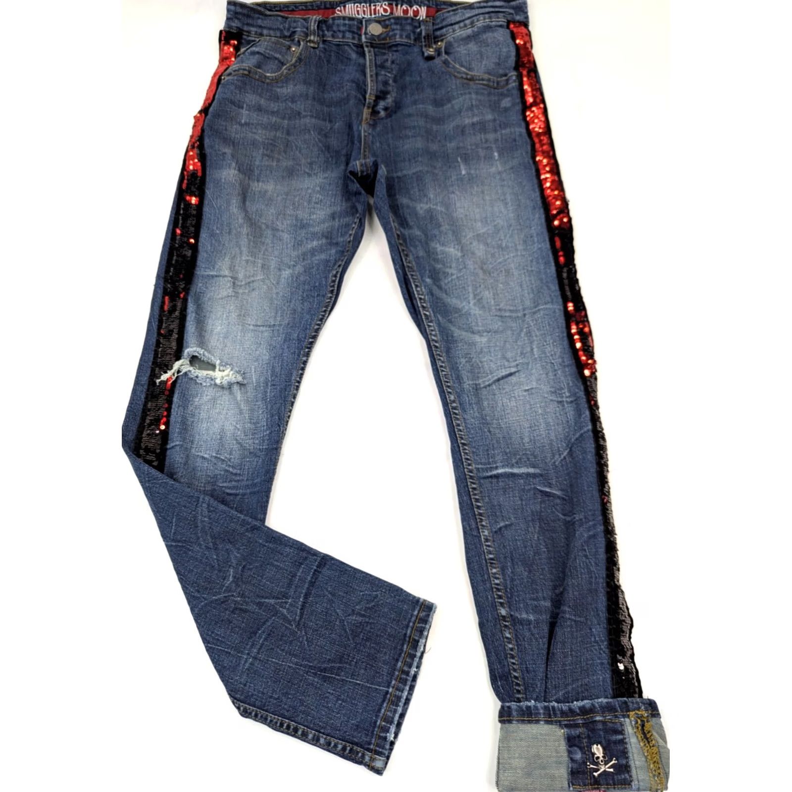 Vintage Smugglers Moon Jeans Distressed Skull Sequin 36x33 5-Pocket Denim Blue Men's Regular Hip Hop Rock Skull Size US 36 / EU 52 - 2 Thumbnail