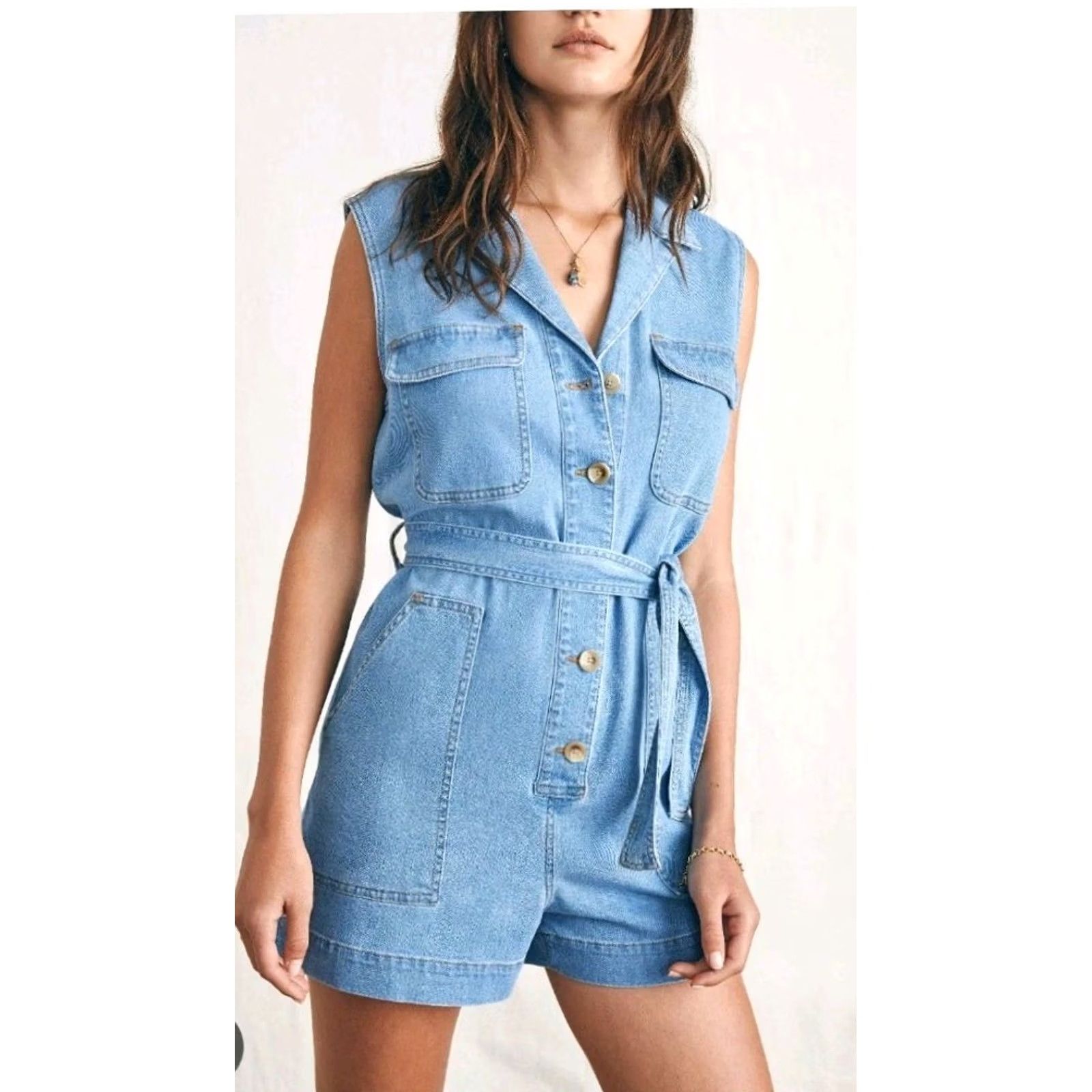 Faherty Faherty Jumpsuit Denim Blue Sleeveless Button Up size 8 Women’s Cotton Linen Blend­ One-Piece Size 30" / US 8 / IT 44 - 2 Thumbnail