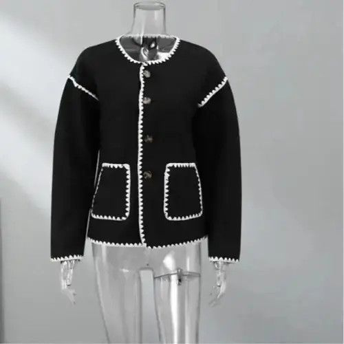 Japanese Brand Chic Pocket Patchwork Knitting Crop Jackets Size ONE SIZE - 4 Thumbnail