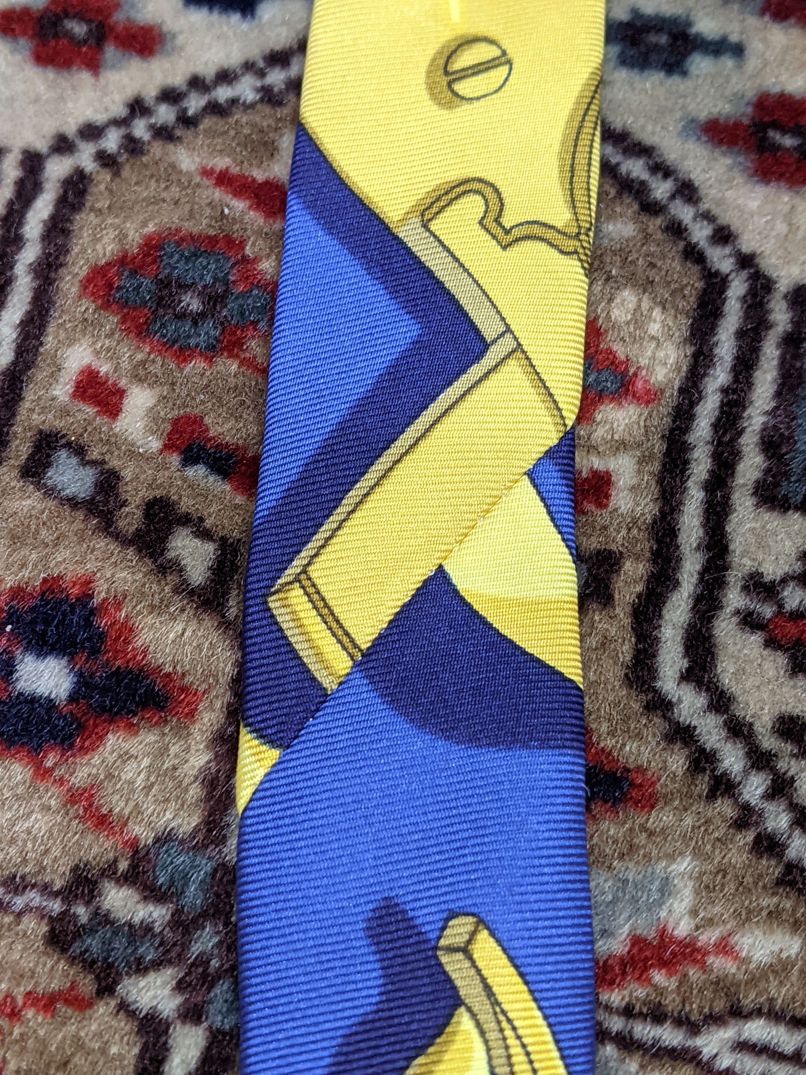 Hermes Hermes 💯 Silk Made in France Blue Yellow Tie Size ONE SIZE - 6 Thumbnail