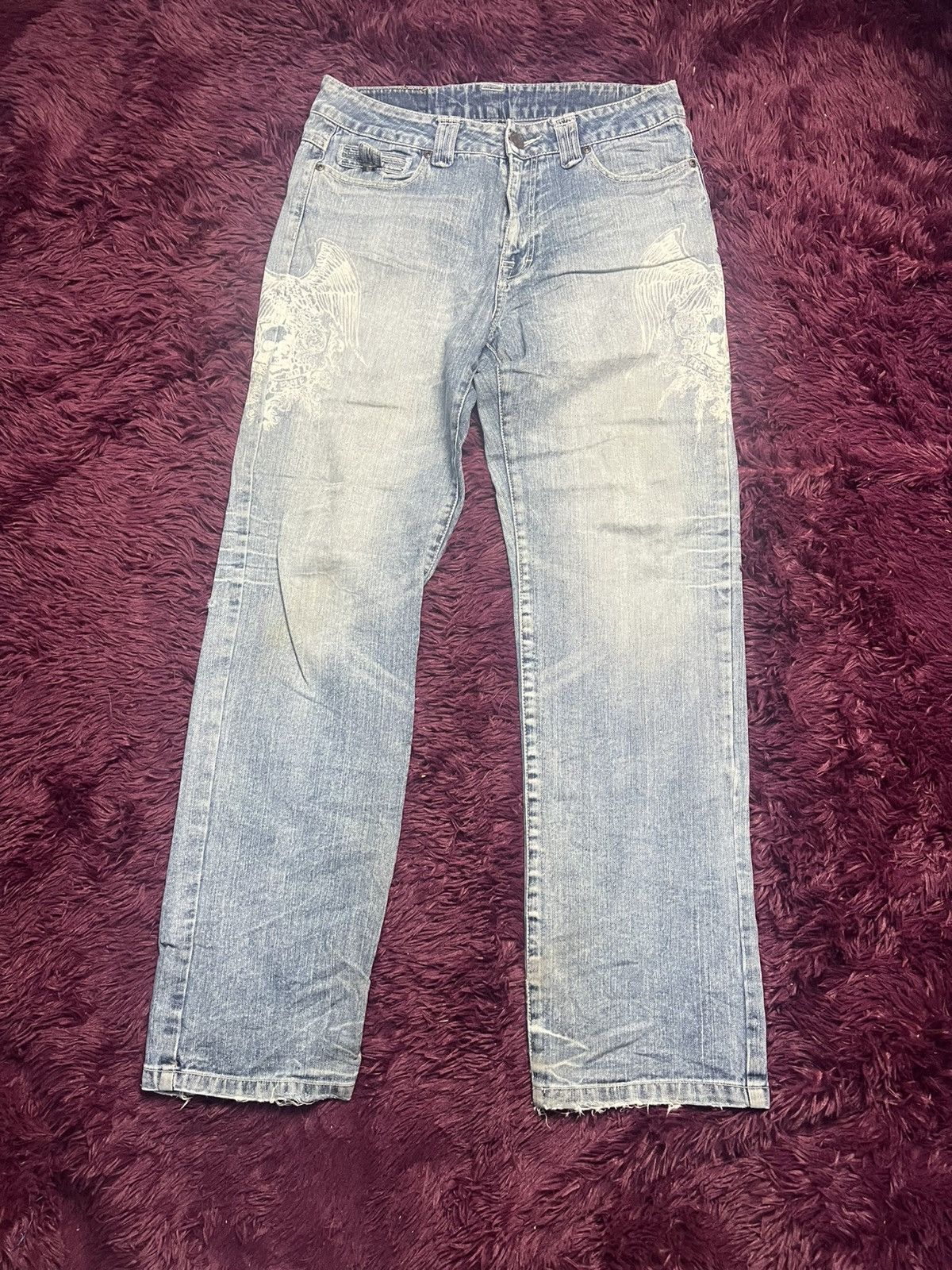 Japanese Brand Y2K Winged Skull Graphic Jeans Japanese Streetwear Denim(45) Size US 33 - 1 Thumbnail