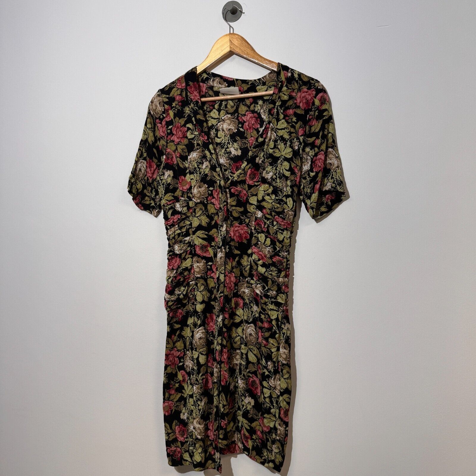 Ganni × Vintage Ganni Green Black Viscose Dress Size S Floral Pattern 90s Size S / US 4 / IT 40 - 2 Thumbnail