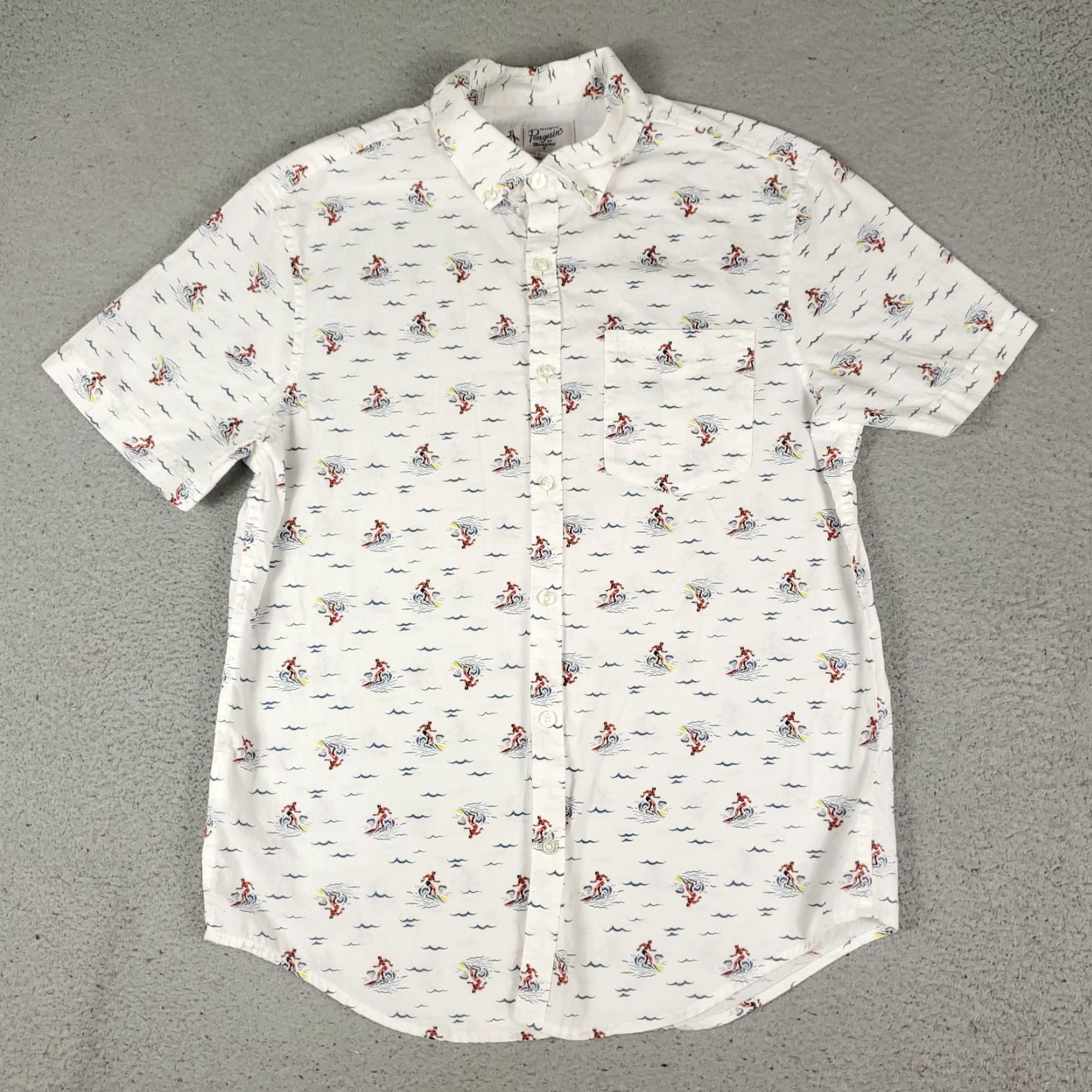 Original Penguin Penguin Shirt Mens Size Medium White Blue Surfiing Button Up Short Sleeve Shirt Size US M / EU 48-50 / 2 - 2 Thumbnail