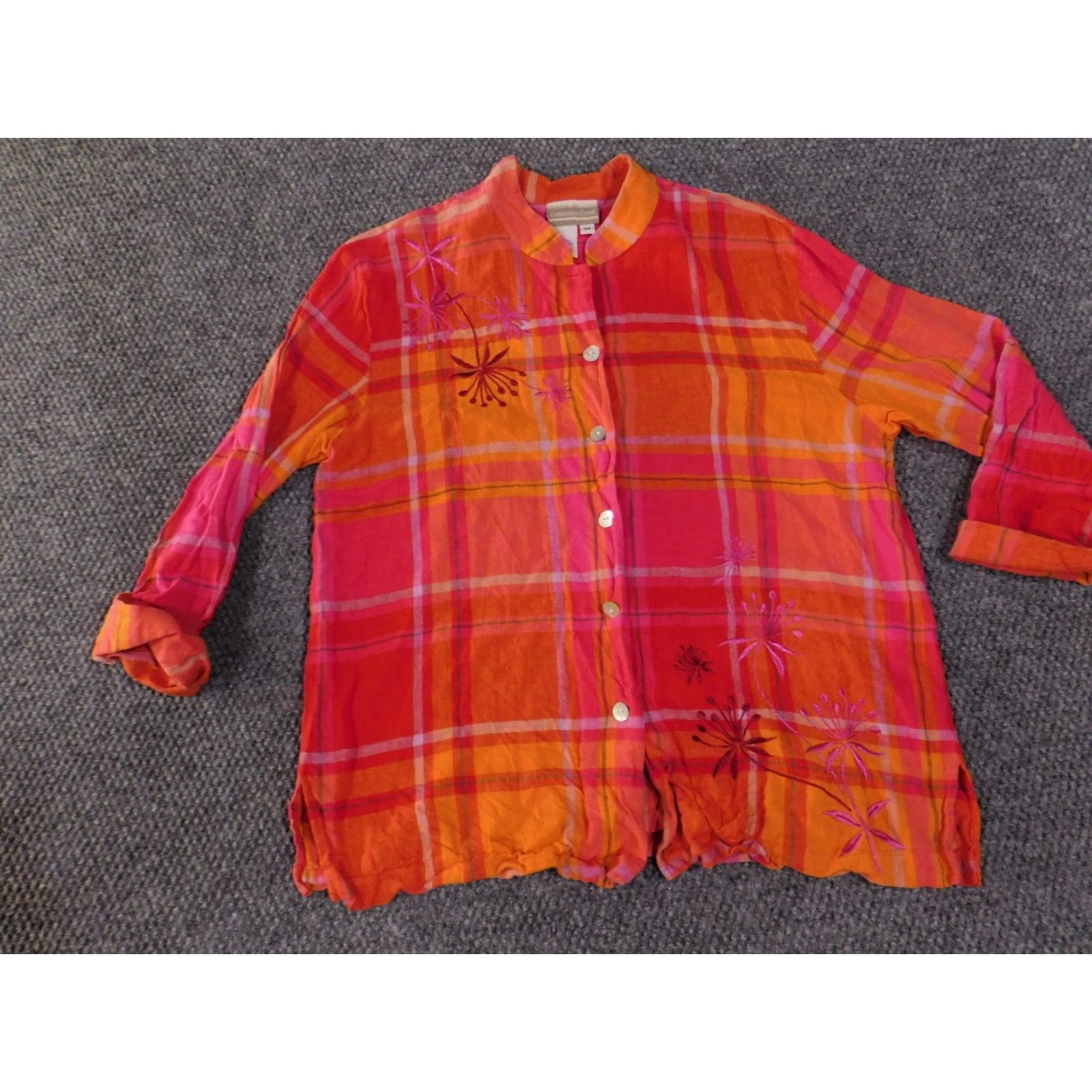 Coldwater Creek VINTAGE Coldwater Creek Shirt Womens Medium Orange Plaid Linen Rayon Embroidered Floral Size M / US 6-8 / IT 42-44 - 4 Thumbnail