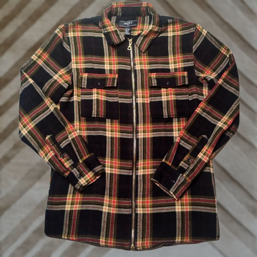 Forever 21 FOREVER 21 Men XS Black Orange Plaid Full Zip Flannel Shacket Jacket Size US XS / EU 42 / 0 - 1 Thumbnail