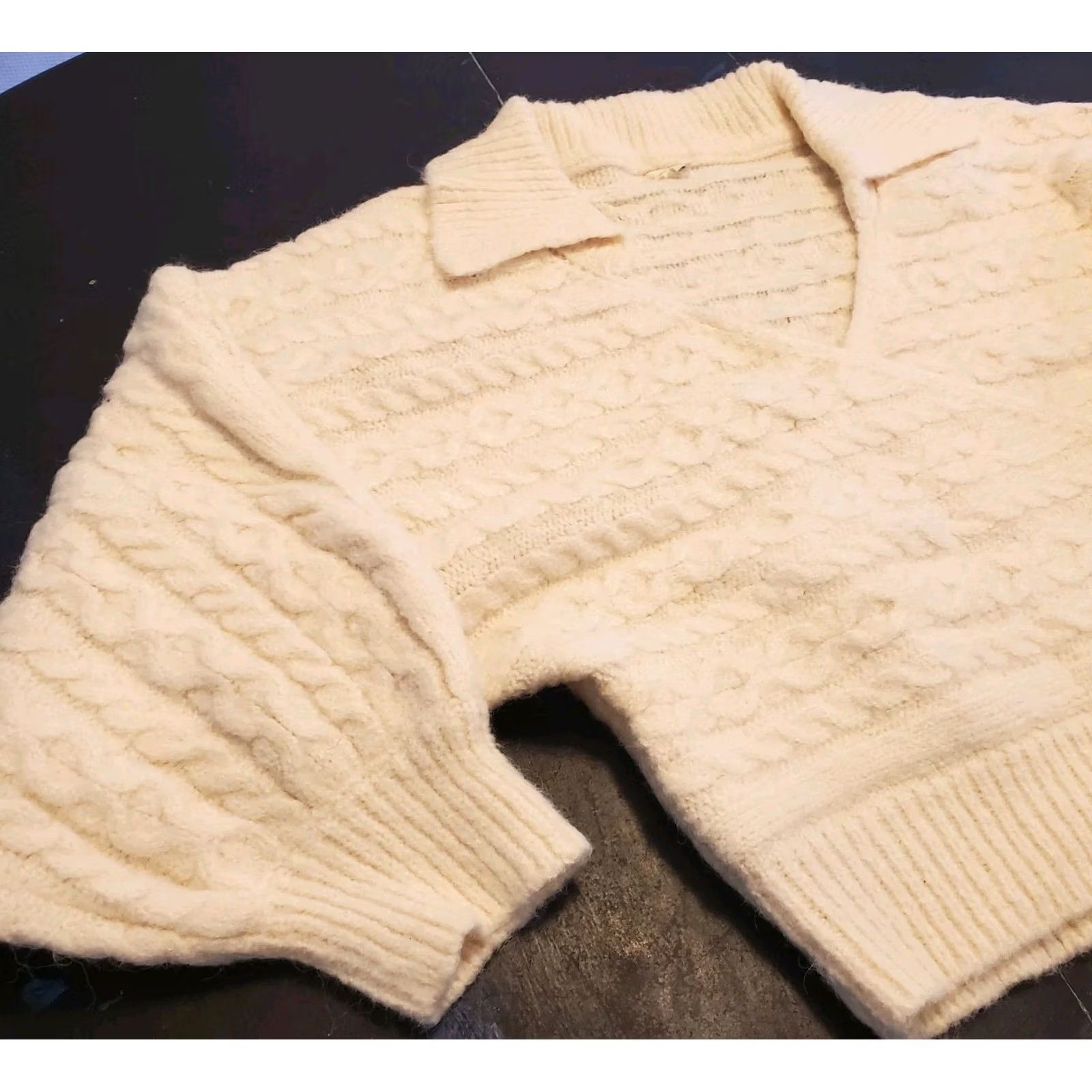 Vintage POL Anthropologie Sweater Small Cream Cable Knit Faux Wrap Balloon Sleeve Size S / US 4 / IT 40 - 3 Thumbnail