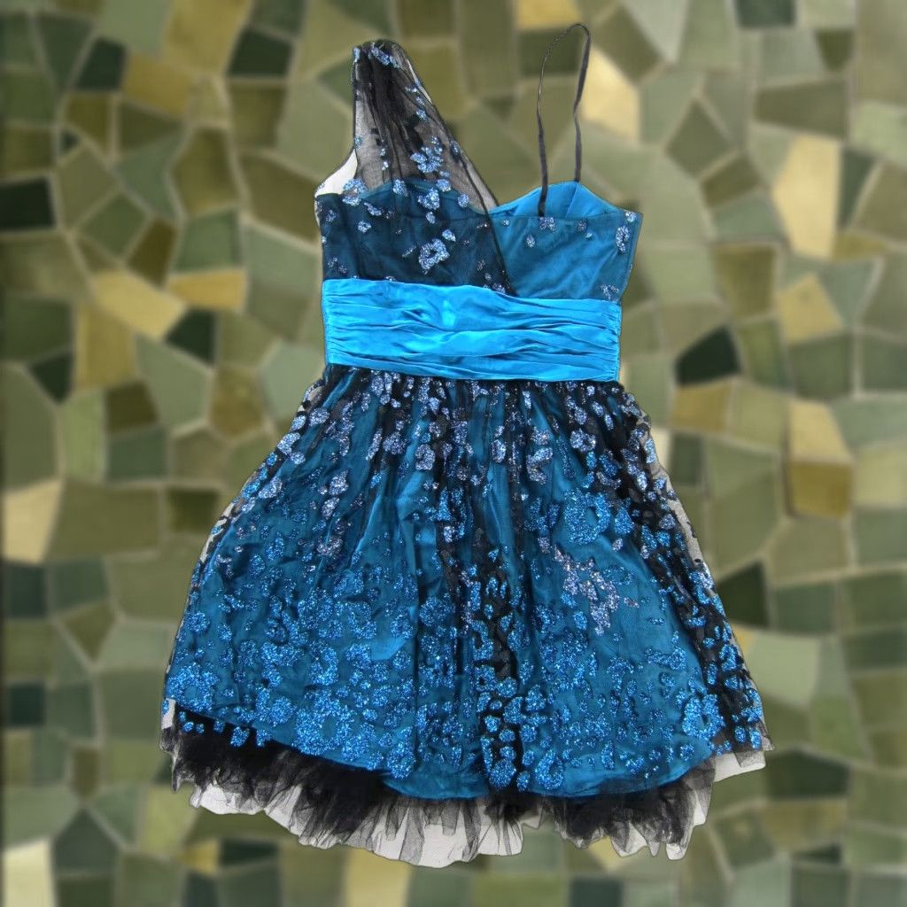 Vintage VINTAGE Morgan & Co. Blue Black Silver Lace Metallic One Shoulder Prom Party Dress 3/4 Dress Size XS / US 0-2 / IT 36-38 - 1 Thumbnail