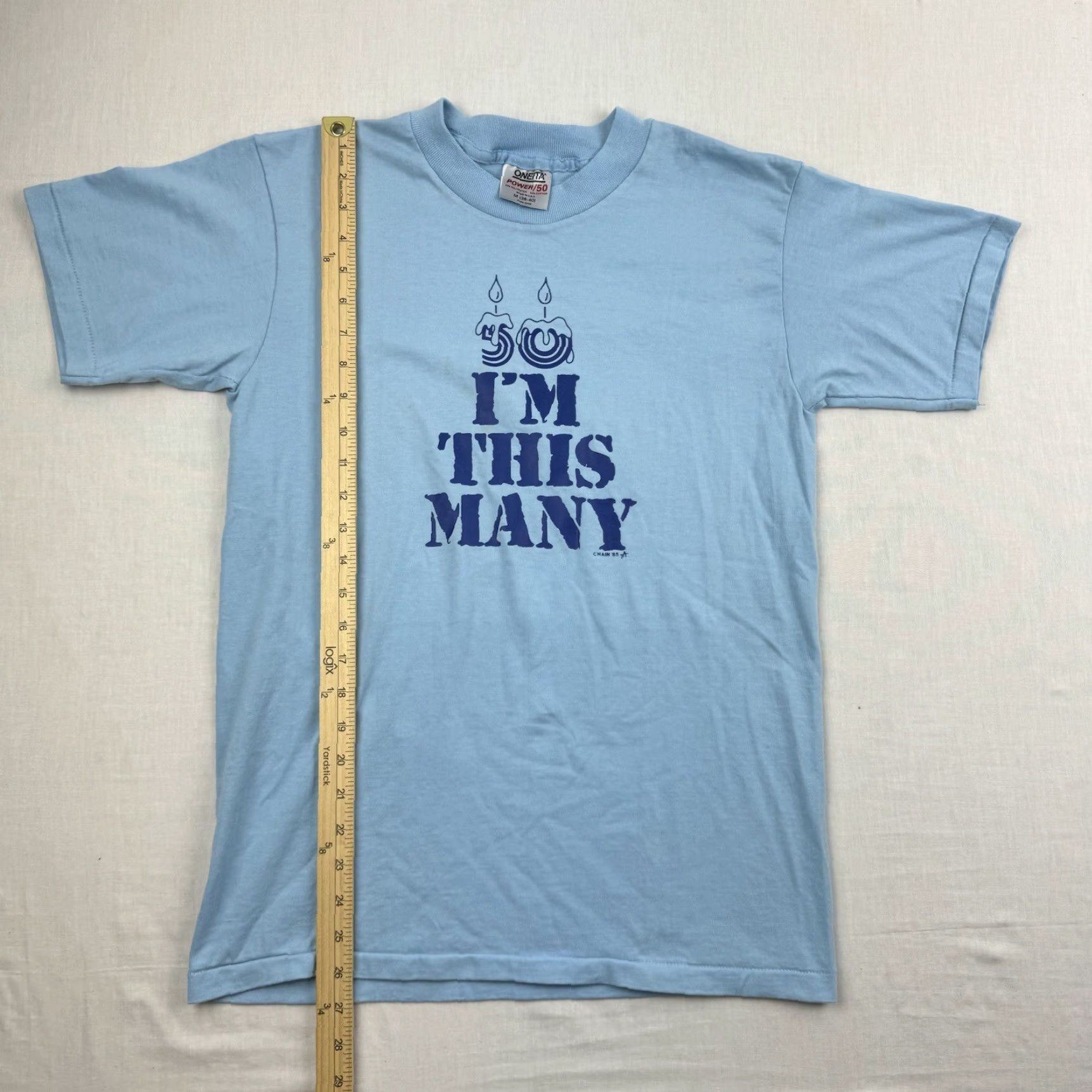 Vintage VINTAGE Oneita T-Shirt Blue 80s Funny Crew Neck Adult Medium Men - 50 Years Old, Short Sleeve, Graphic Tee Size US M / EU 48-50 / 2 - 5 Thumbnail