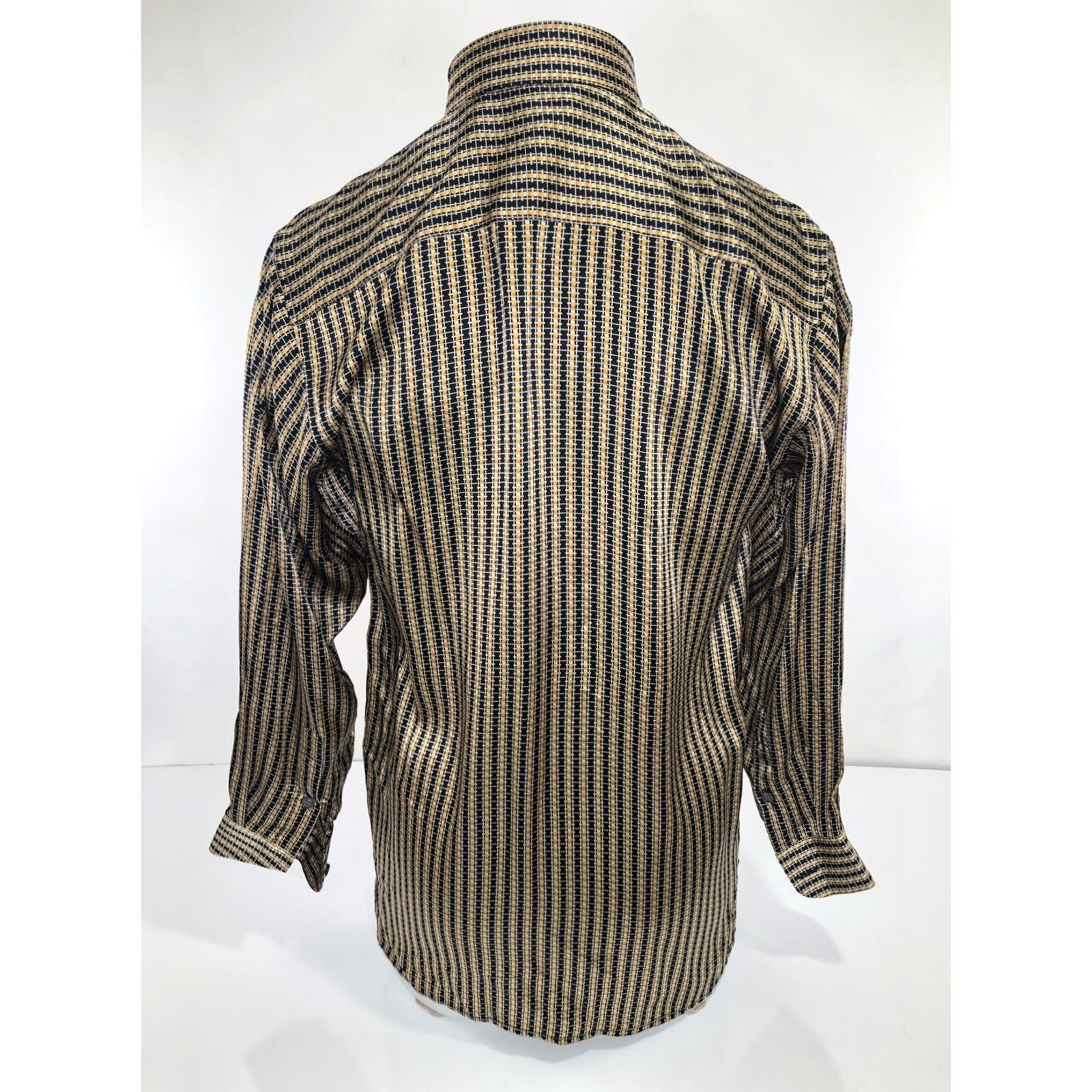 Vintage BERNINI PLATINUM Silk Geometric Stripe S Shirt Mens Long Sleeve Button-Up Black / Gold / Beige Size US S / EU 44-46 / 1 - 5 Thumbnail