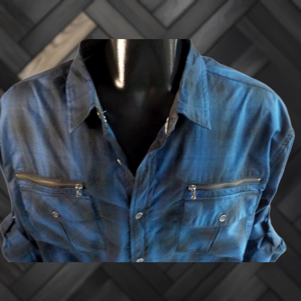 Vintage ROCK & REPUBLIC Plaid Button Front Shirt Mens XXL Adjustable Tabbed Sleeves Blue Black Zippers Size US XXL / EU 58 / 5 - 1 Thumbnail